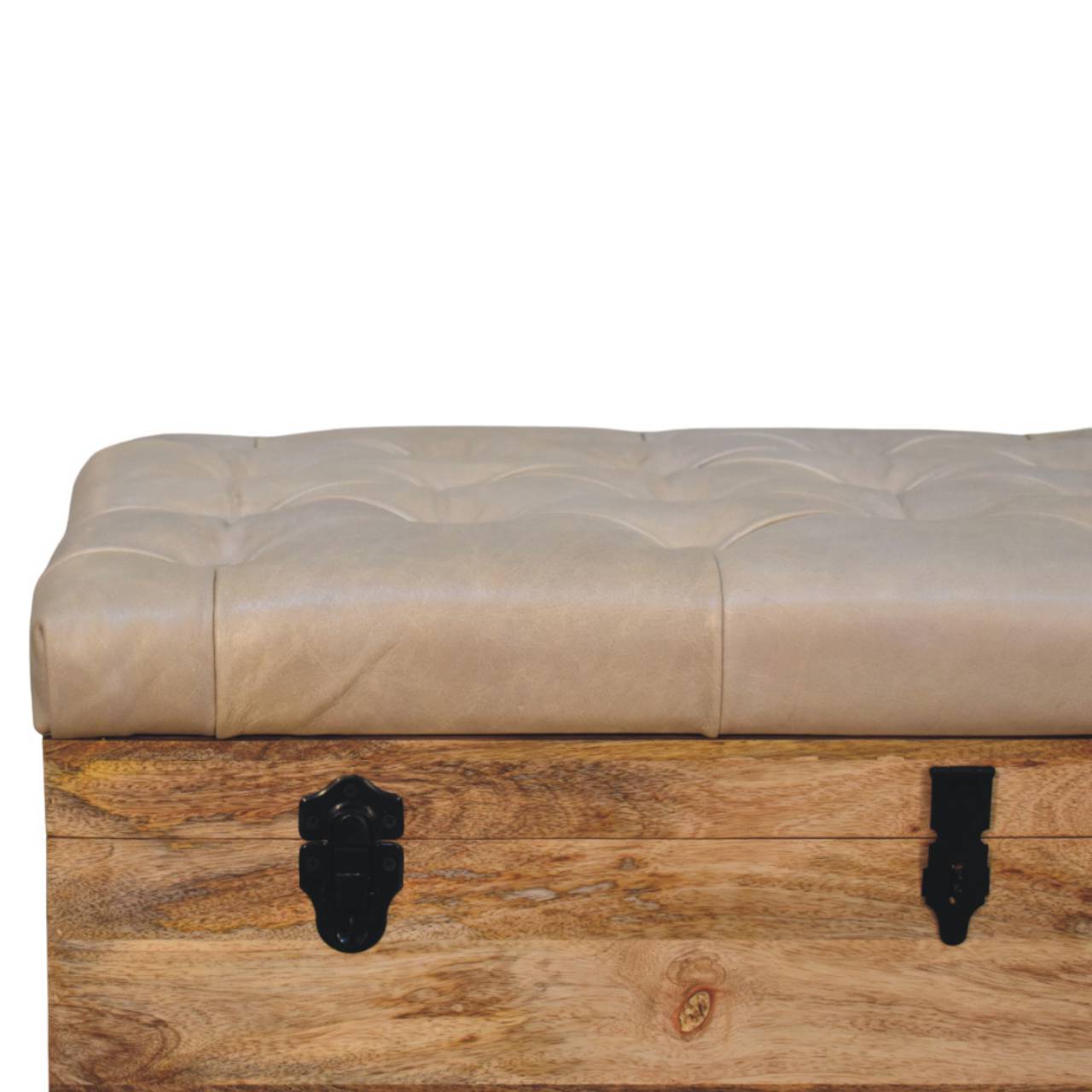 Solid Wood  Buffalo Hide Leather Upholstered Storage Trunk, Beige and Brown - Grand Goldman Shop