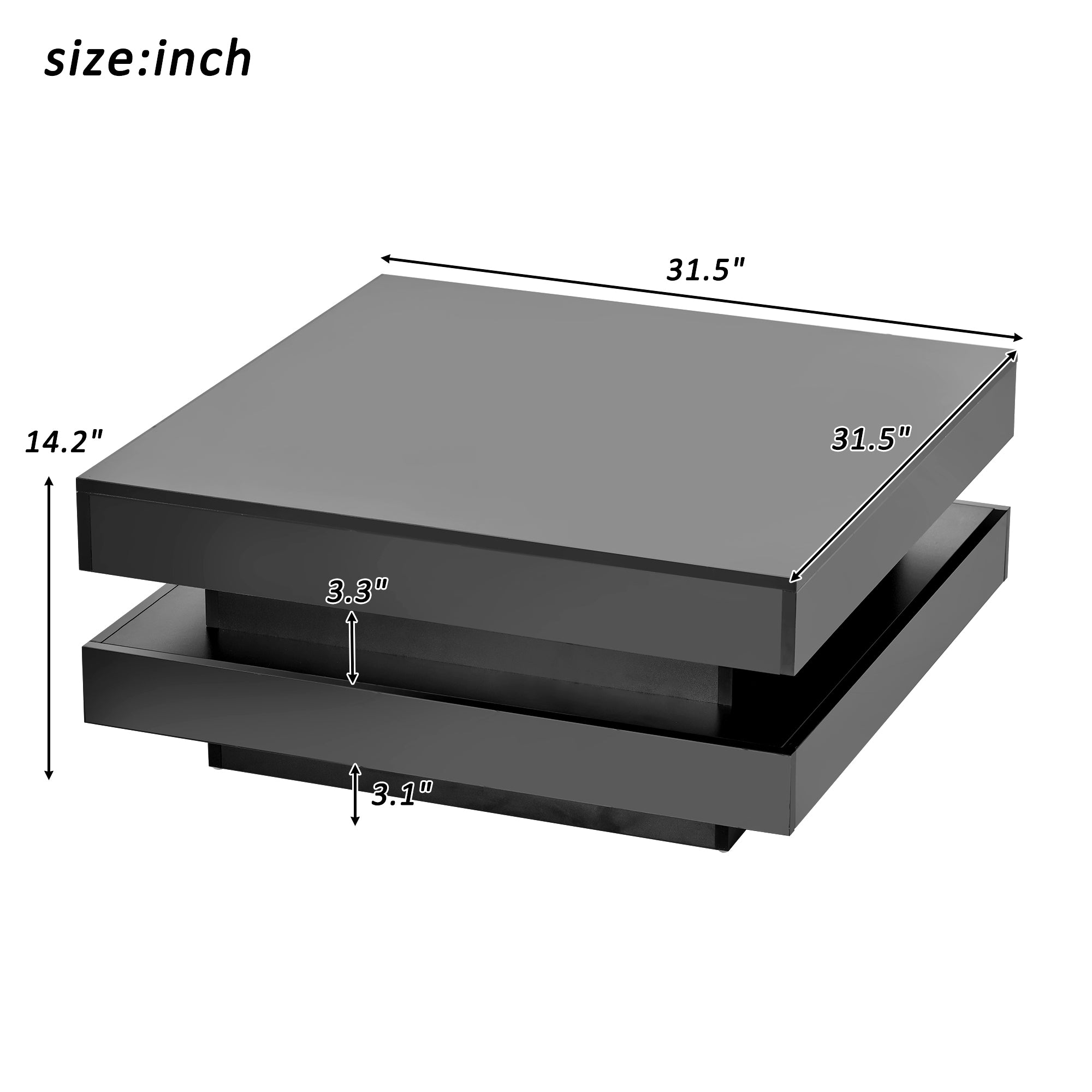 ON-TREND High Gloss Minimalist Design with LED Lights, 2-Tier Square Coffee Table, Center Table for Living Room, 31.5''x31.5''x14.2'',Black - Grand Goldman Shop