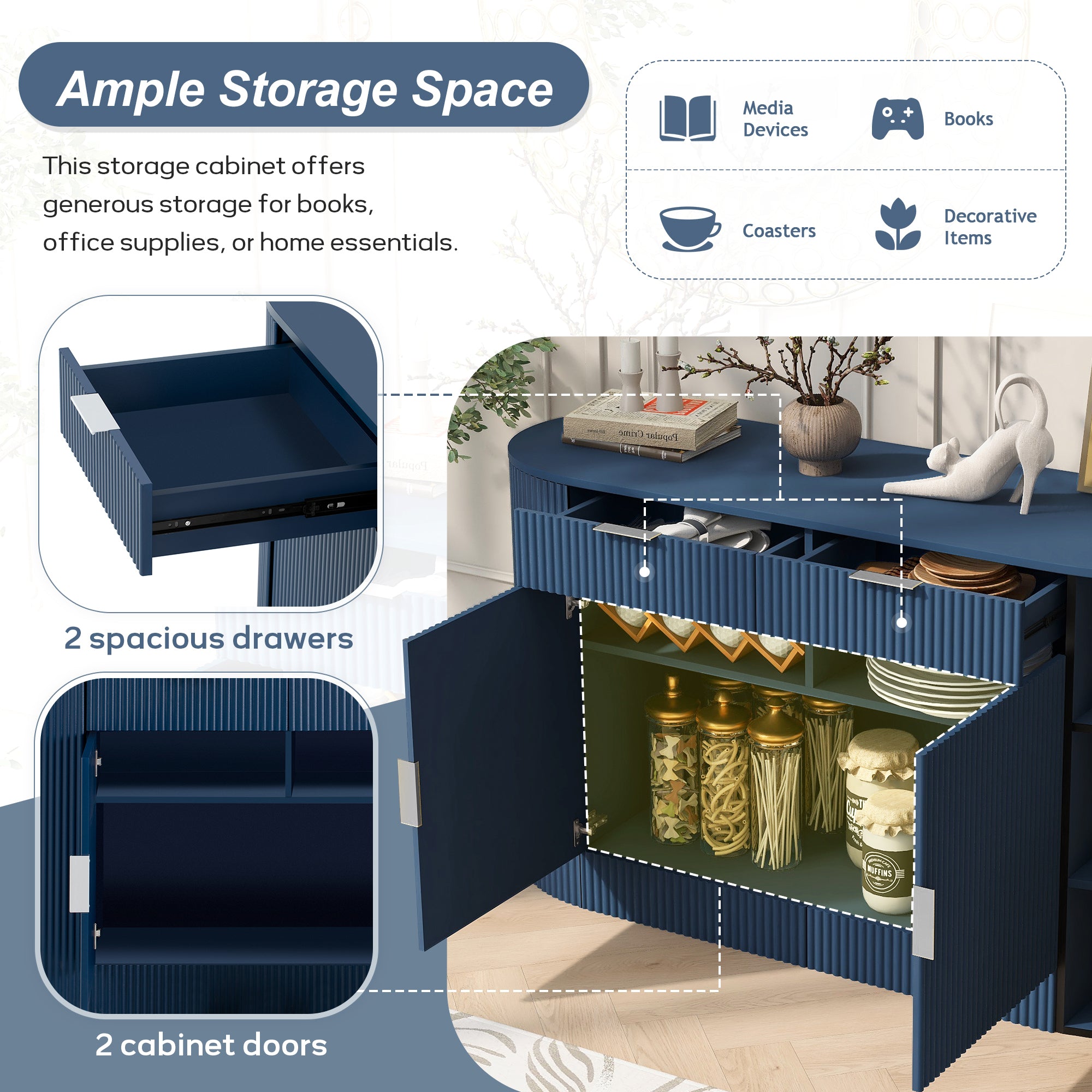 U_STYLE 55.1' Modern Storage Cabinet – 2 Doors & 2 Drawers, Stripe MDF Sideboard with Aluminum Handles, Curved Side Door & 3-Tier Shelves, Buffet Cabinet for Living Room, Bedroom, Dining Room - Grand Goldman Shop