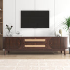 Modern Farmhouse Rattan TV Stand for TVs up to 75'', Natural Wood and Brown Solid Wood Legs, MDF Cabinet with Rattan Drawers and Sliding Doors, 66.93'' L Living Room Entertainment Console - Grand Goldman Shop