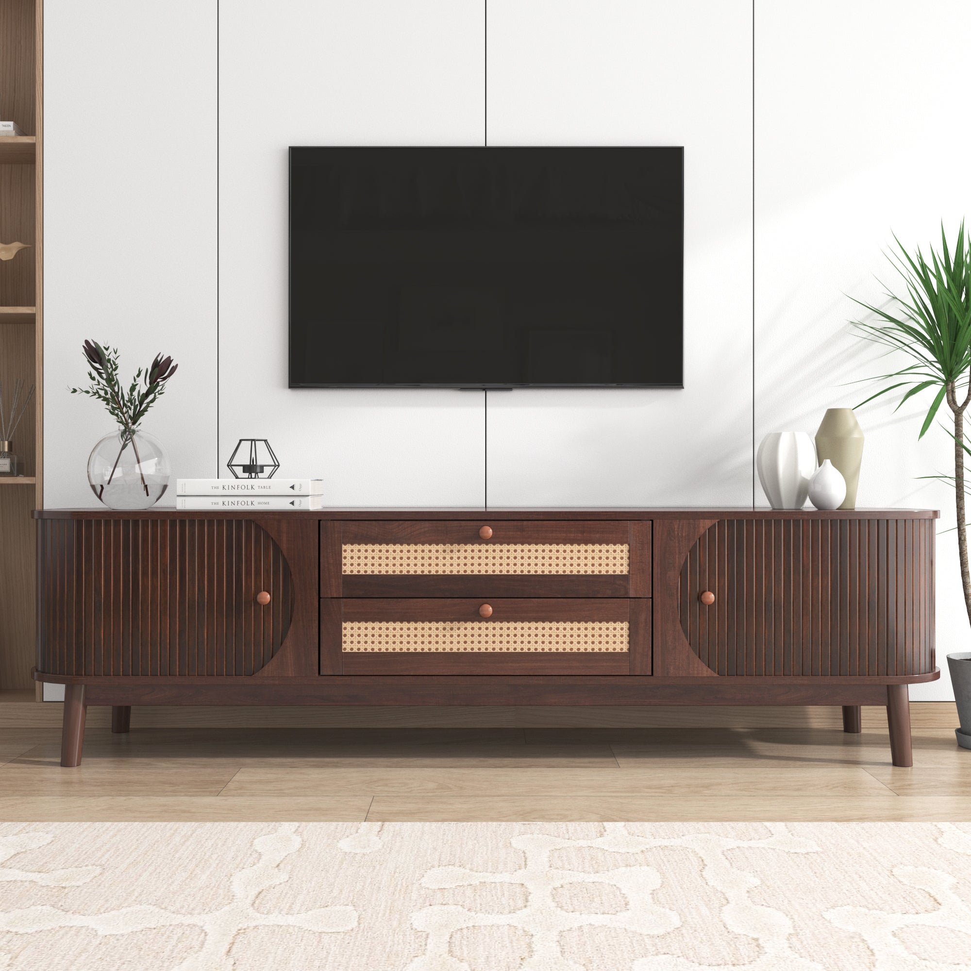 Modern Farmhouse Rattan TV Stand for TVs up to 75'', Natural Wood and Brown Solid Wood Legs, MDF Cabinet with Rattan Drawers and Sliding Doors, 66.93'' L Living Room Entertainment Console - Grand Goldman Shop