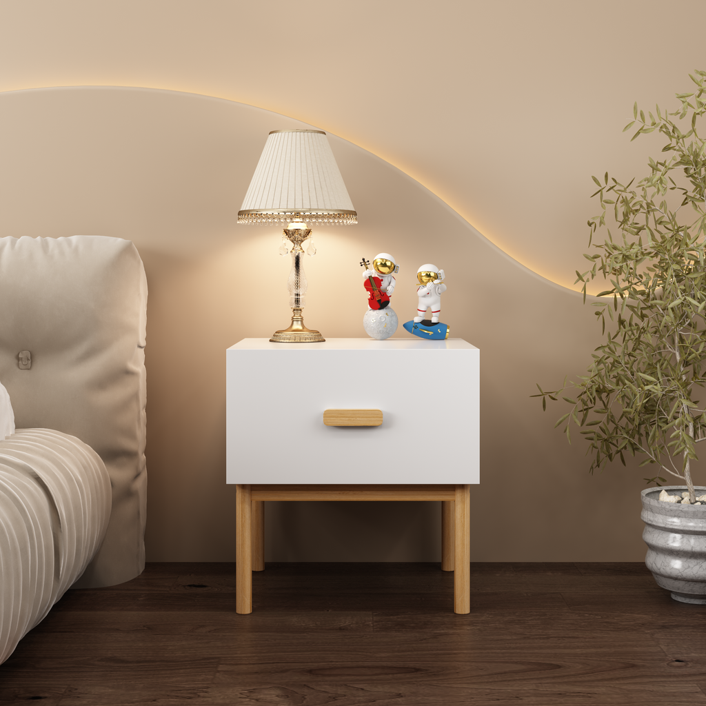 Modern White Nightstand with Drawer and Wood Legs, Minimalist Bedside Table with Handle for Bedroom, Living Room, Apartment - Grand Goldman Shop
