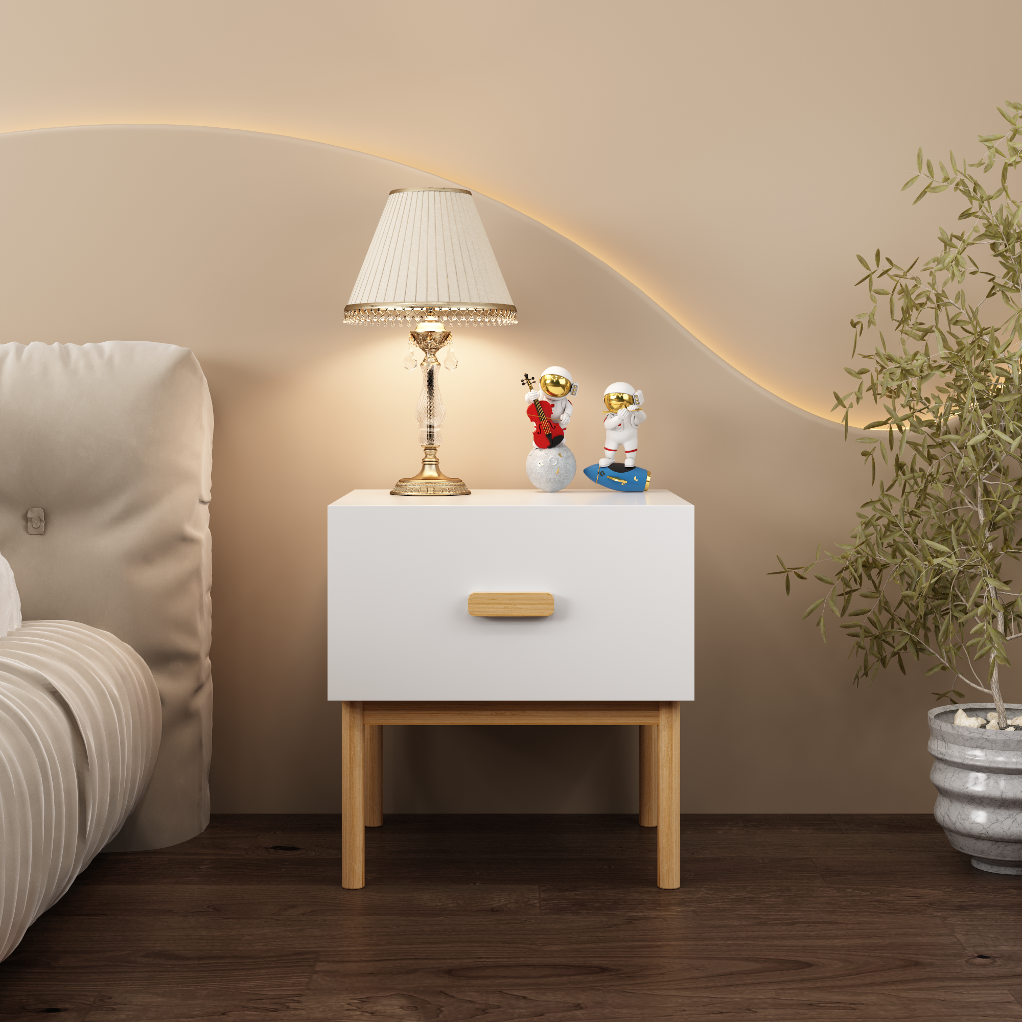 Modern White Nightstand with Drawer and Wood Legs, Minimalist Bedside Table with Handle for Bedroom, Living Room, Apartment - Grand Goldman Shop
