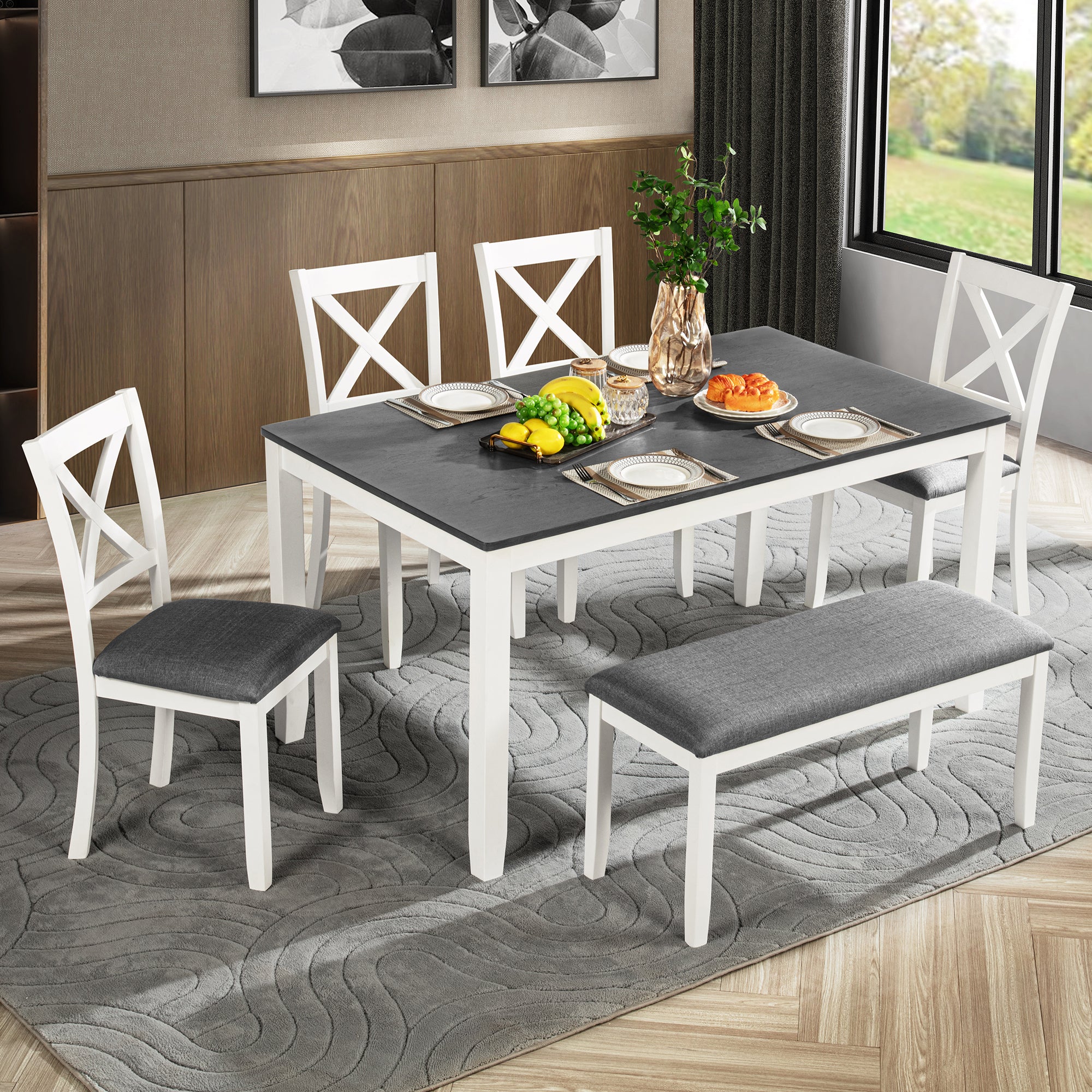 Modern 6-Piece Dining Table Set with Bench and Chairs for Dining Room or Kitchen – Grey & White Two-Tone - Grand Goldman Shop