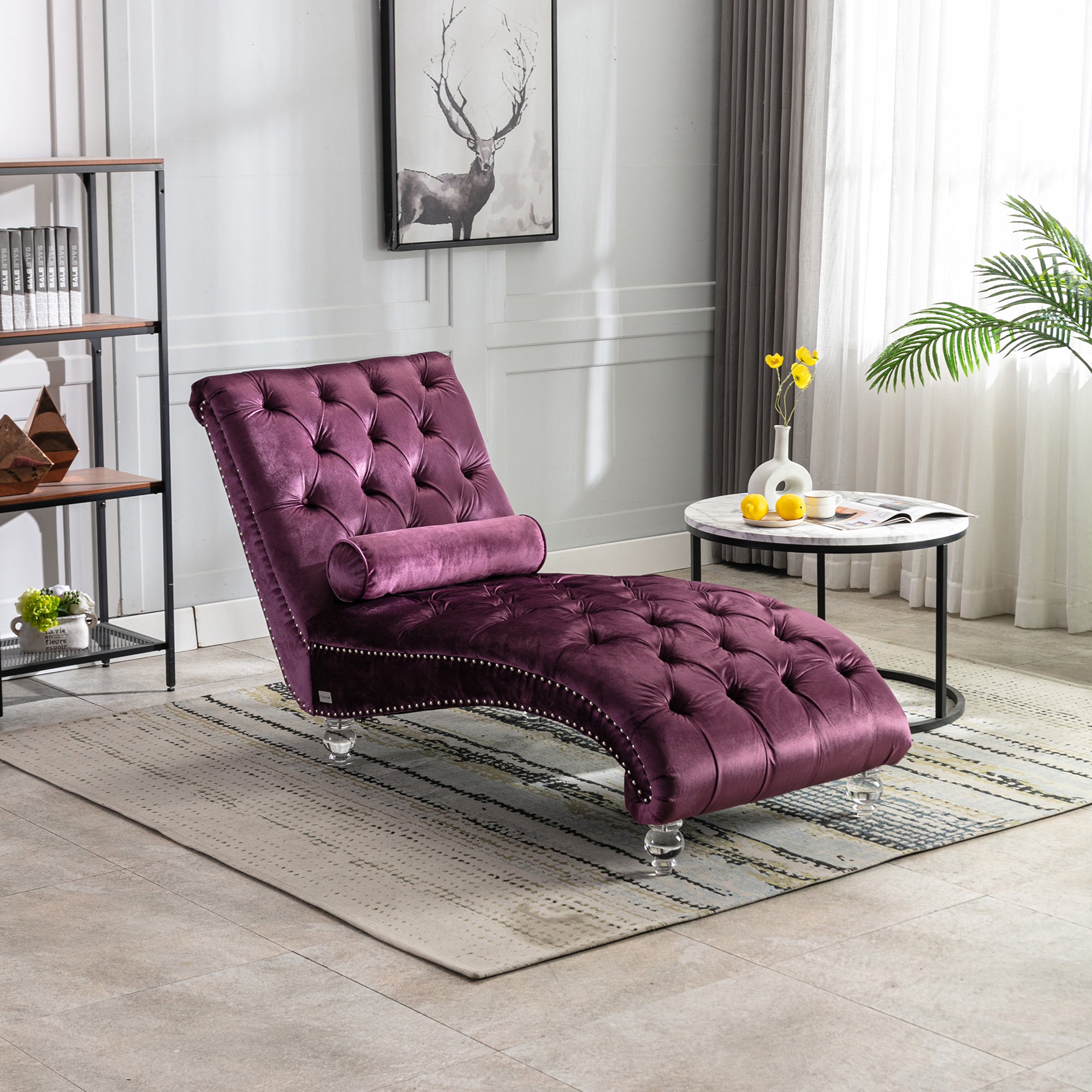 Velvet Chaise Lounge Indoor, Button-Tufted Upholstered Chaise Lounge Chair with Pillow for Bedroom Living Room Office, Purple Velvet - Grand Goldman Shop