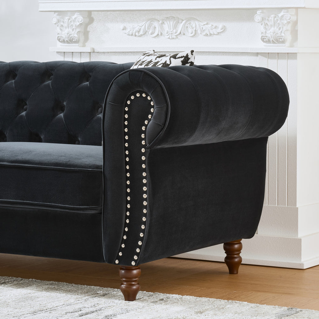 Mid Century Modern Chesterfield Velvet Sofa with Roll Armrest & Nailhead, Black, 67-Inch - Grand Goldman Shop