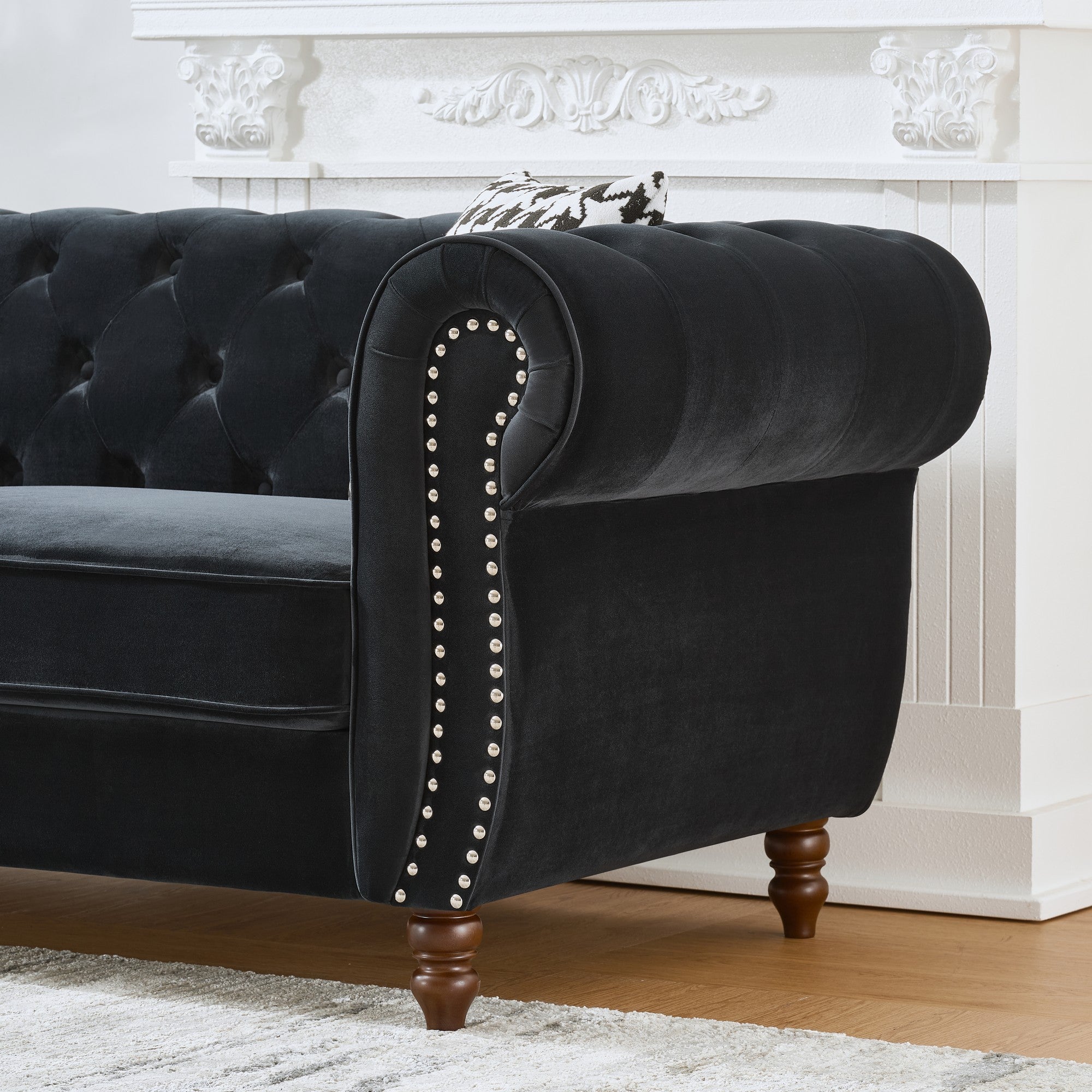Mid Century Modern Chesterfield Velvet Sofa with Roll Armrest & Nailhead, Black, 67-Inch - Grand Goldman Shop