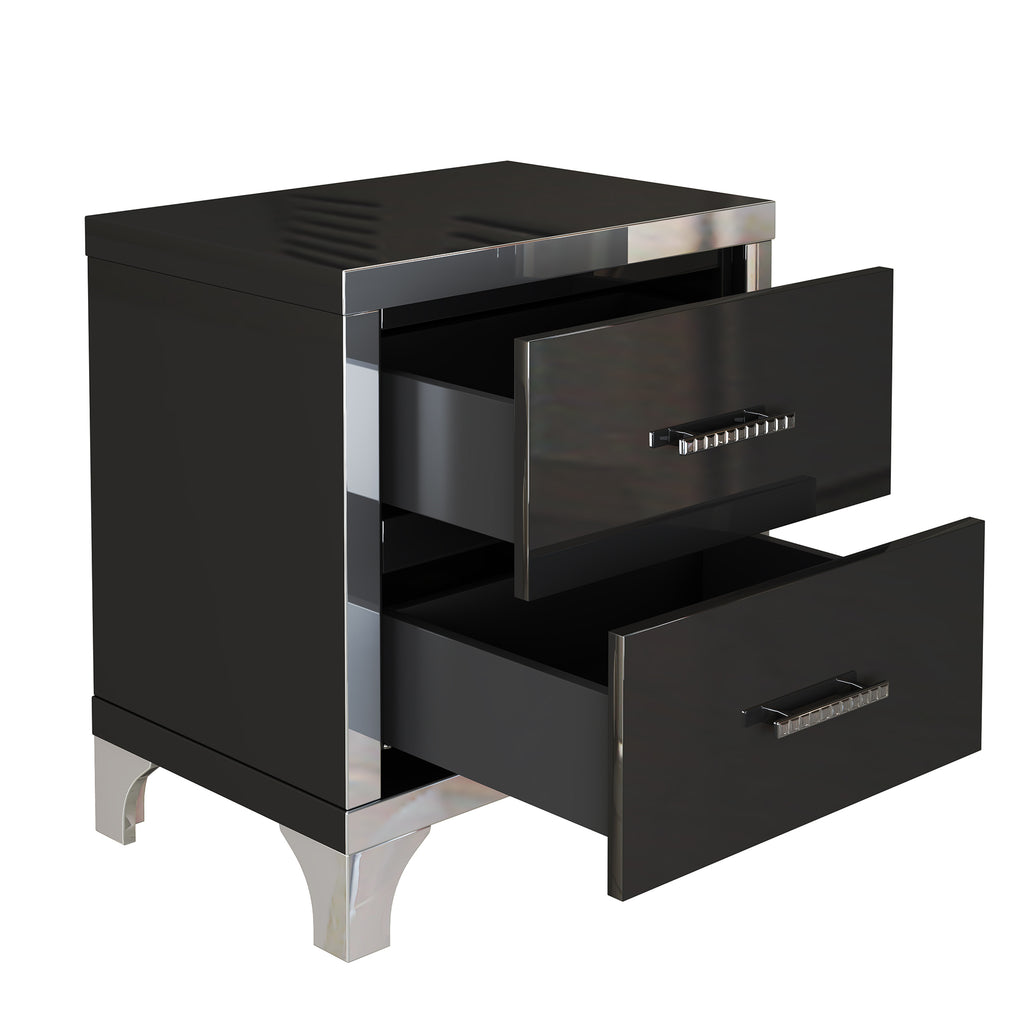 Elegant High Gloss Nightstand with Metal Handle,Mirrored Bedside Table with 2 Drawers for Bedroom,Living Room,Black - Grand Goldman Shop