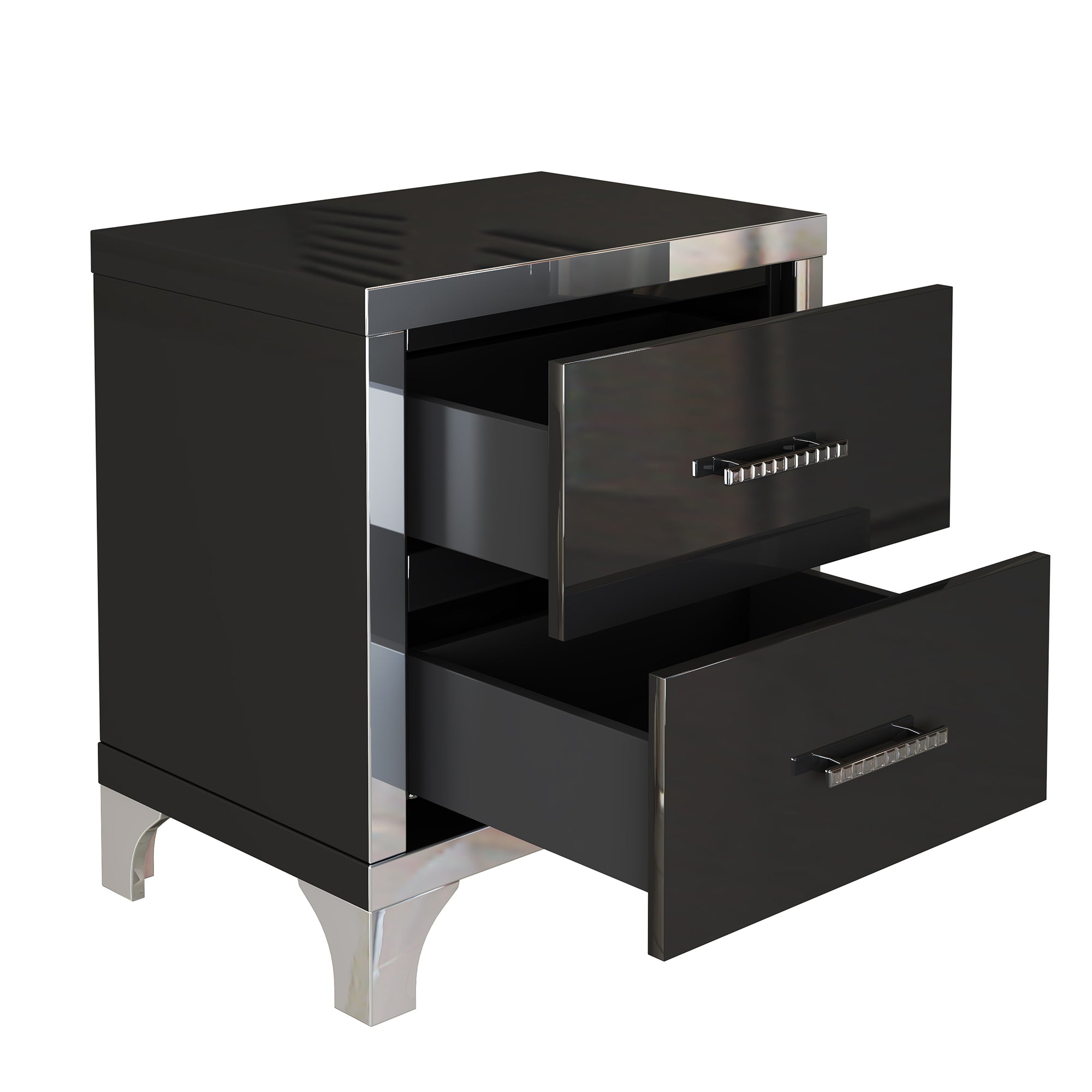 Elegant High Gloss Nightstand with Metal Handle,Mirrored Bedside Table with 2 Drawers for Bedroom,Living Room,Black - Grand Goldman Shop