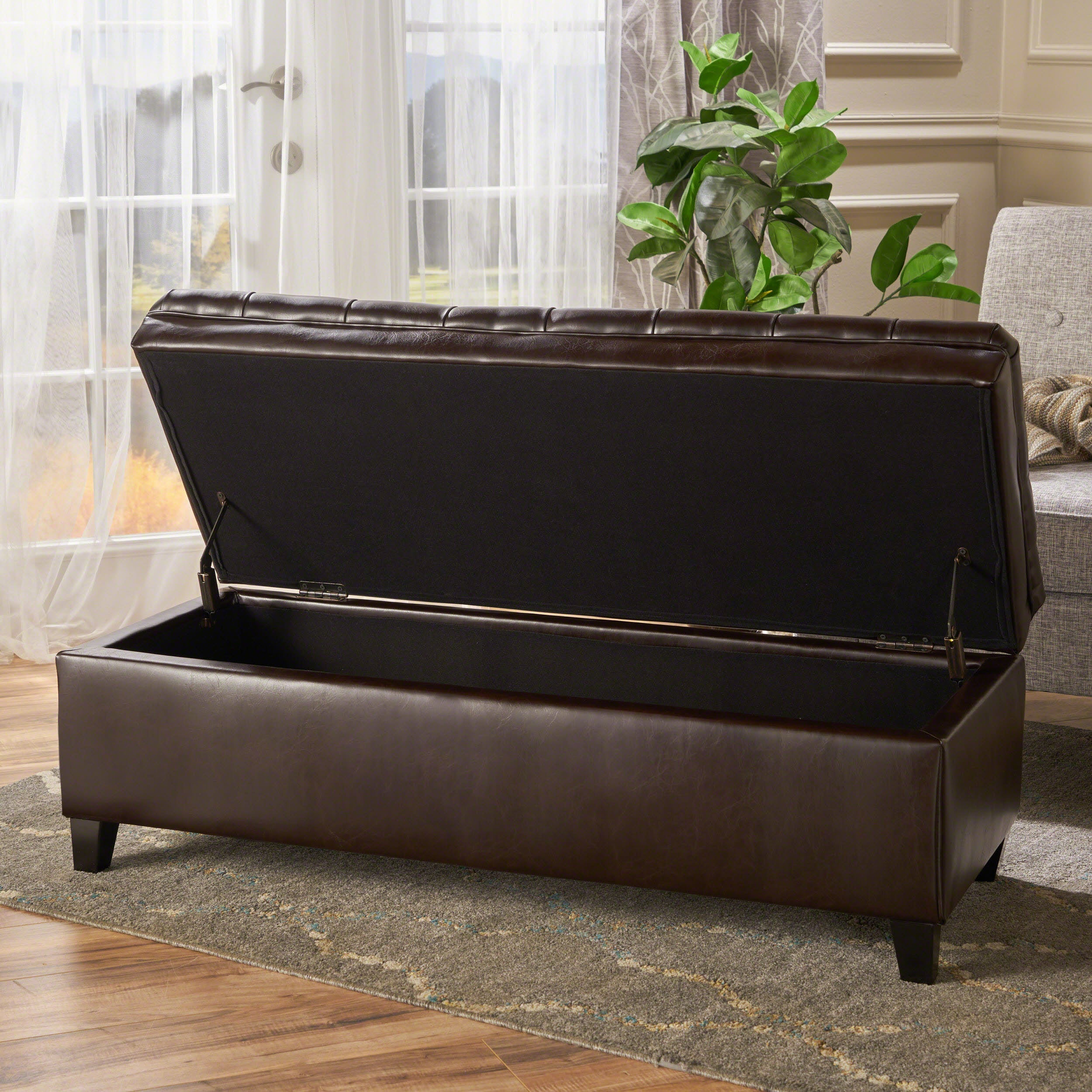 Cancia 50' Wide Faux Leather Tufted Rectangle Storage Ottoman Brown PU - Grand Goldman Shop