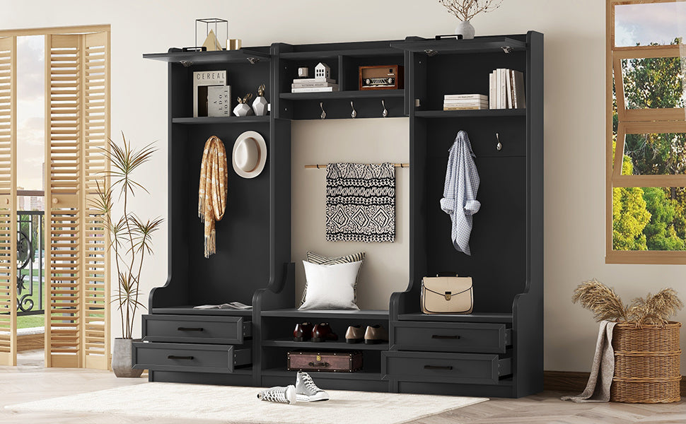 4-in-1 Detachable Hall Tree with Storage and 7 Hooks, Multiple Functions Hallway Coat Rack with Storage Drawers and Cabinet, Black Shoe Bench for Entryway Hallway - Grand Goldman Shop