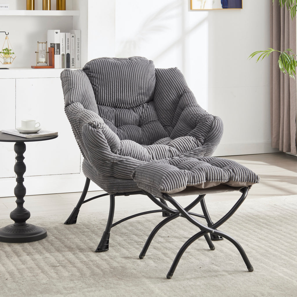 Lazy Chair with Ottoman, Modern Lounge Accent Chair with Armrests and a Side Pocket, Leisure Upholstered Sofa Chair Reading Chair with Footrest for Small Space, Corner Chair-Grey - Grand Goldman Shop