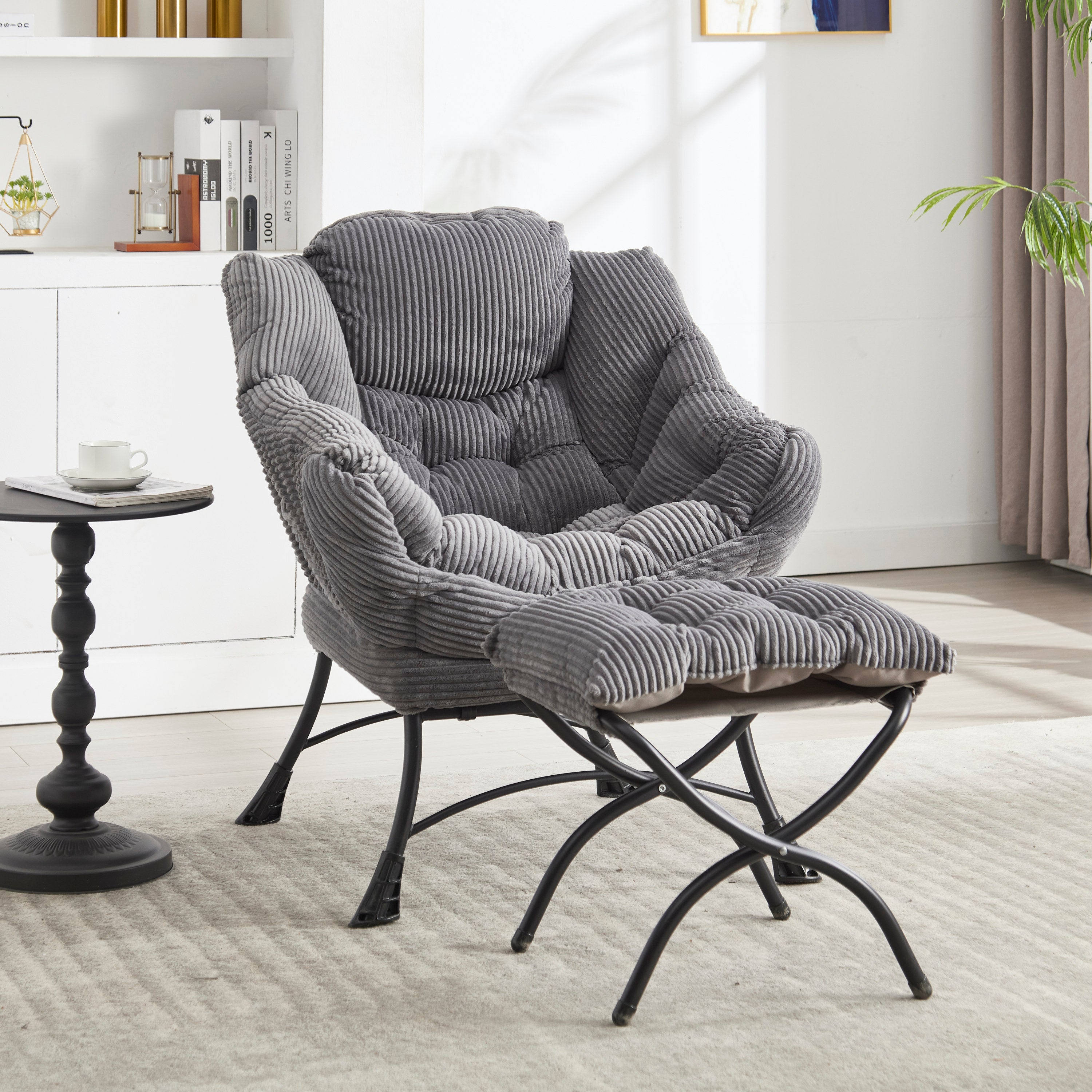 Lazy Chair with Ottoman, Modern Lounge Accent Chair with Armrests and a Side Pocket, Leisure Upholstered Sofa Chair Reading Chair with Footrest for Small Space, Corner Chair-Grey - Grand Goldman Shop