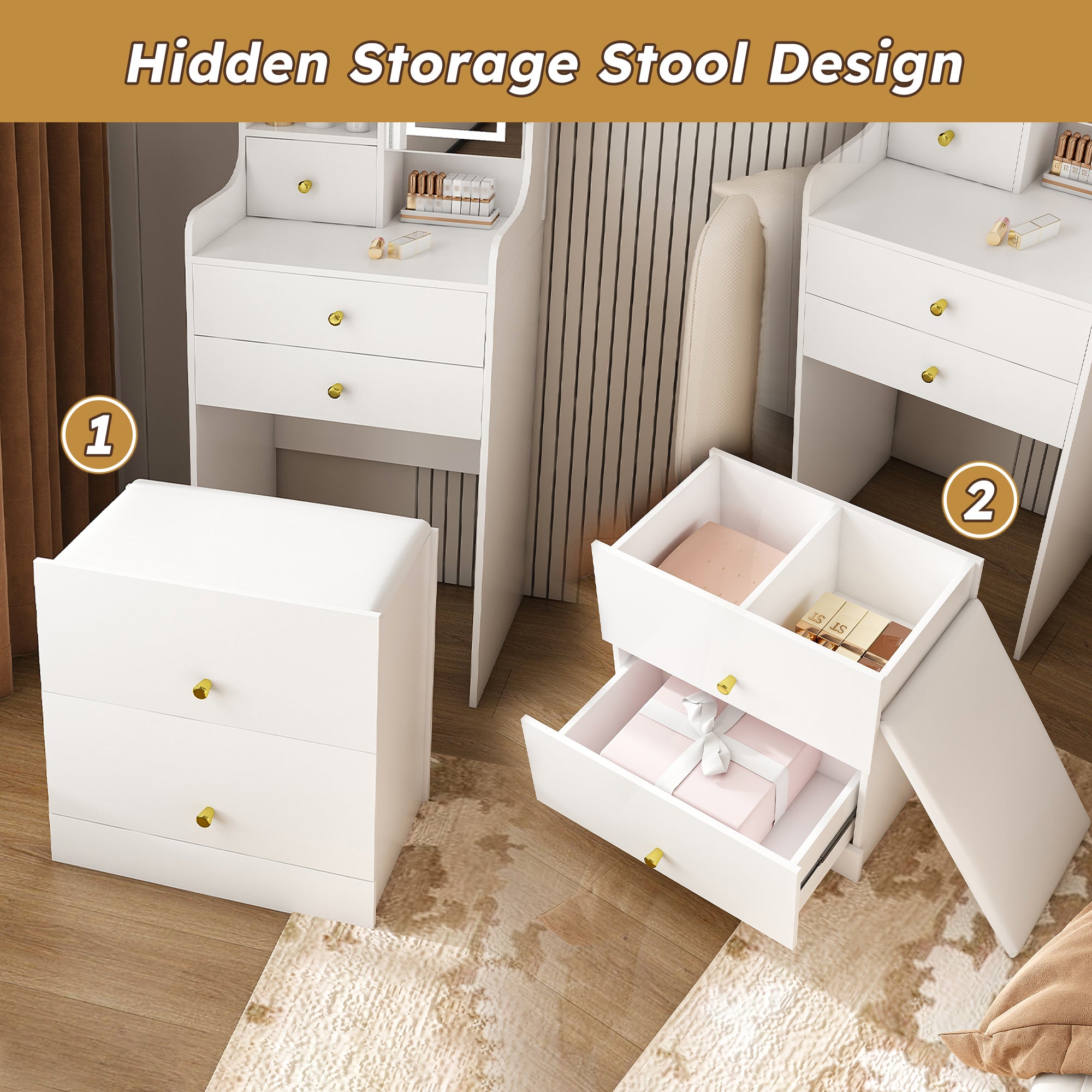 3-in-1 Dressing Table with LED Mirror & Storage Stool, Compact Makeup Vanity, White MDF, 50.39x19.69x15.75 inches - Grand Goldman Shop