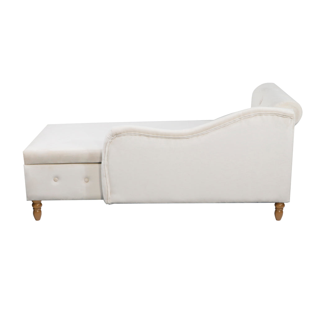 Beige Chaise Lounge Indoor, Velvet Lounge Chair for Bedroom with Storage & Pillow, Modern Upholstered Rolled Arm Chase Lounge for Sleeping with Nailhead Trim for Living Room Bedroom Office - Grand Goldman Shop