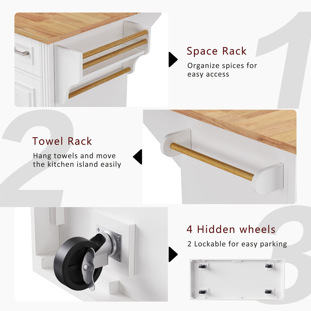 K&K 54inch Large Kitchen Island with Rubber Wood Drop Leaf, Embossed Texture Rolling Kitchen Cart on 4 Wheels with 4 Doors and 3 Drawers, Kitchen Island with Storage for Kitchen, Dining Room,White - Grand Goldman Shop