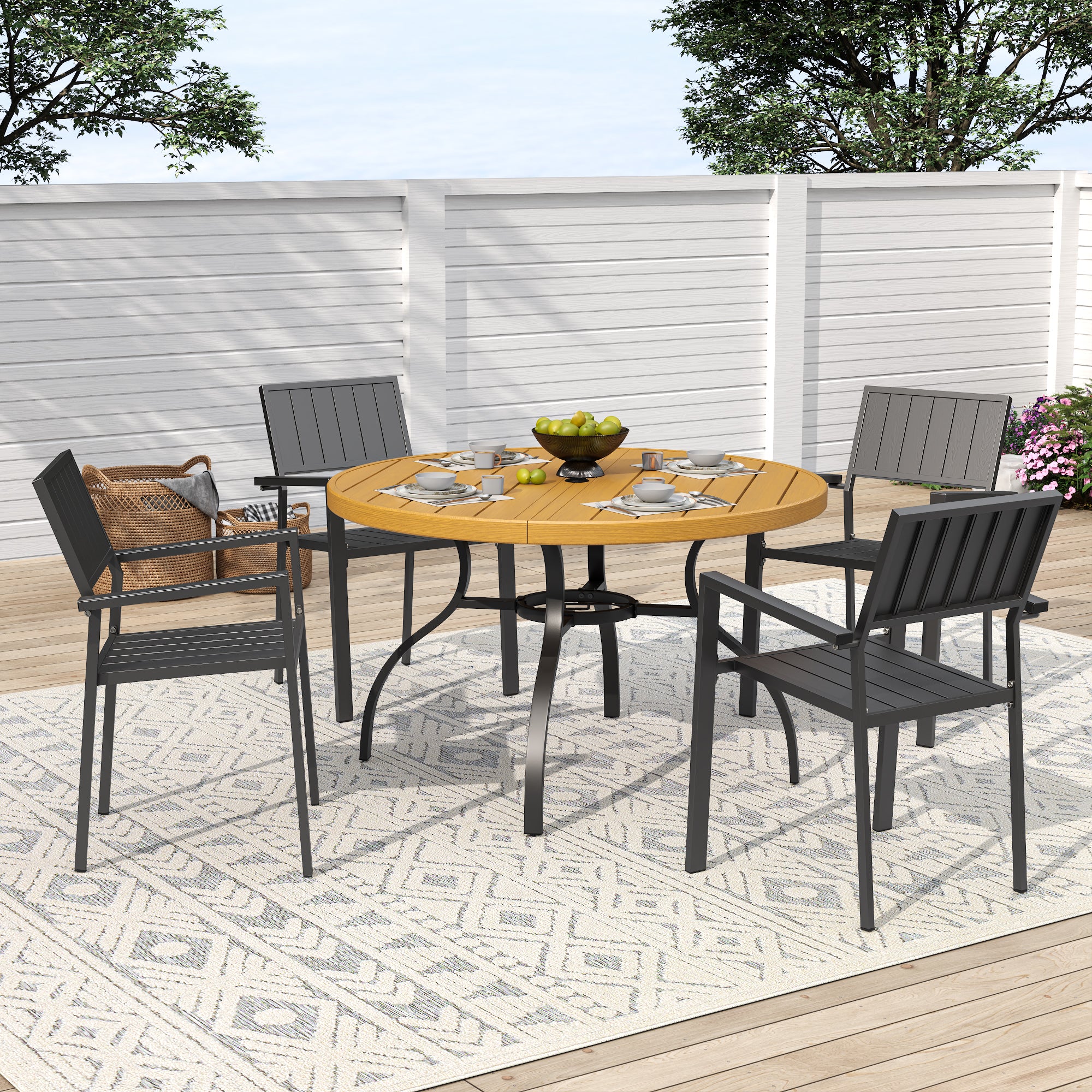 5-Piece Outdoor Patio Dining Set , 47' Round Wood-Grain Slat Table w/ Umbrella Hole + 4 Stacking Metal Chairs (350 lbs Capacity) , Rustproof, Breathable Design, 30-Min Assembly, Patio, Garden, Balcony