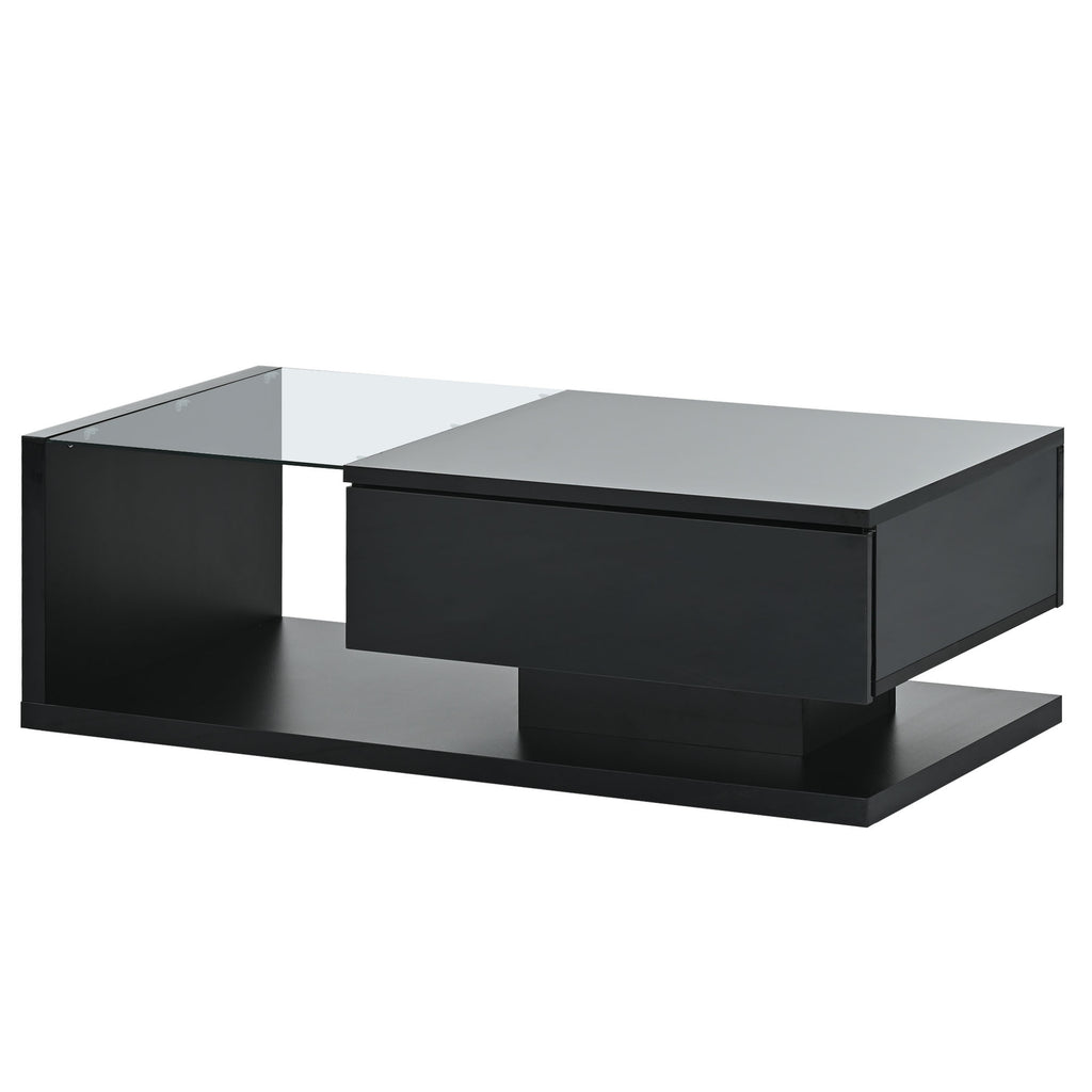 [VIDEO provided] ON-TREND Modern Coffee Table with Tempered Glass, Wooden Cocktail Table with High-gloss UV Surface, Modernist 2-Tier Rectangle Center Table for Living Room, Black - Grand Goldman Shop