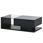 [VIDEO provided] ON-TREND Modern Coffee Table with Tempered Glass, Wooden Cocktail Table with High-gloss UV Surface, Modernist 2-Tier Rectangle Center Table for Living Room, Black - Grand Goldman Shop