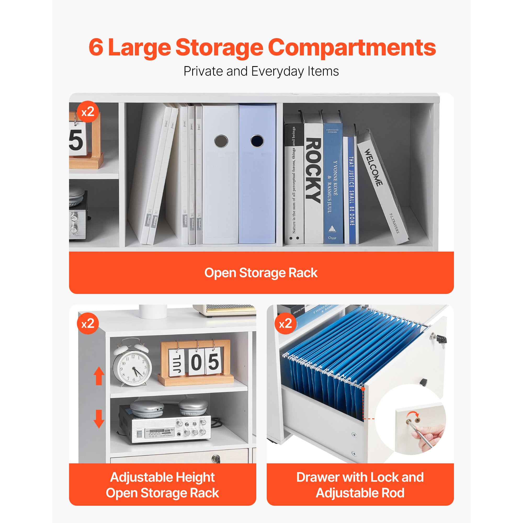 2 Drawer Wooden File Cabinet, Mobile Filing Cabinet with Open Shelves, Lockable Lateral Rolling File Storage with Adjustable 