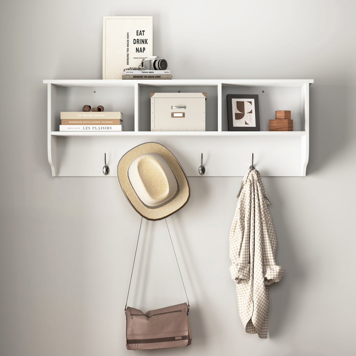 White Entryway Wall Mounted Coat Rack with 4 Dual Hooks Living Room Wooden Storage Shelf - Grand Goldman Shop