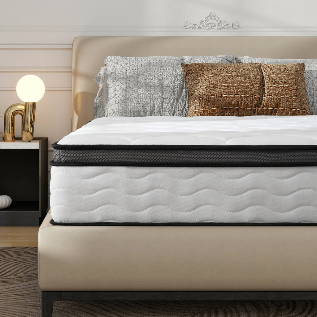 Hybrid Queen Mattress with Pocket Coils, Medium Firm, Breathable Comfort, Creamy White Gray Fabric - Grand Goldman Shop