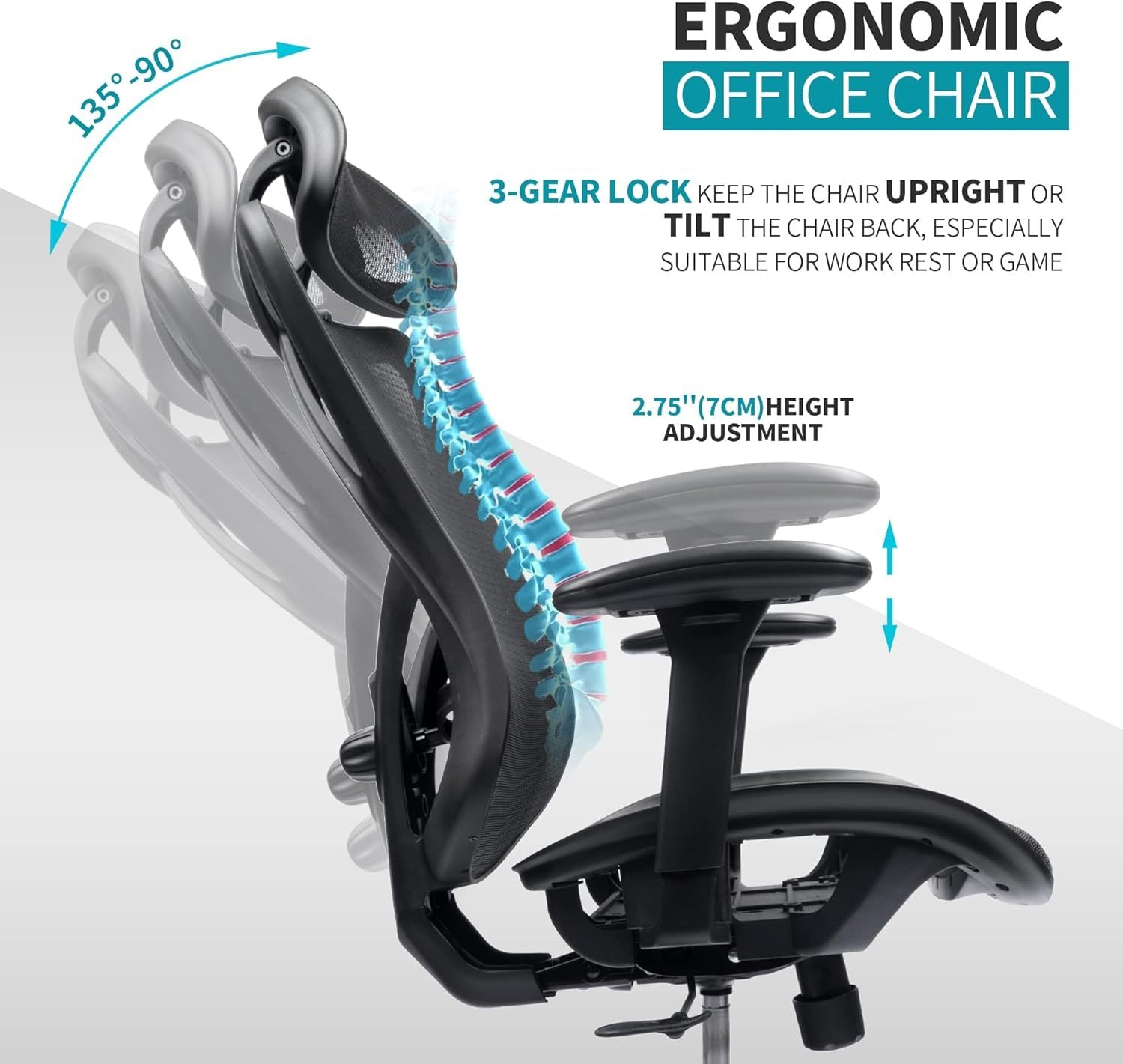 Mesh Office Chair,Ergonomic Office Chairs with Wheels,Adjustable Lumbar Support,Armrest,Headrest-Tilt High Back Desk Chair wi