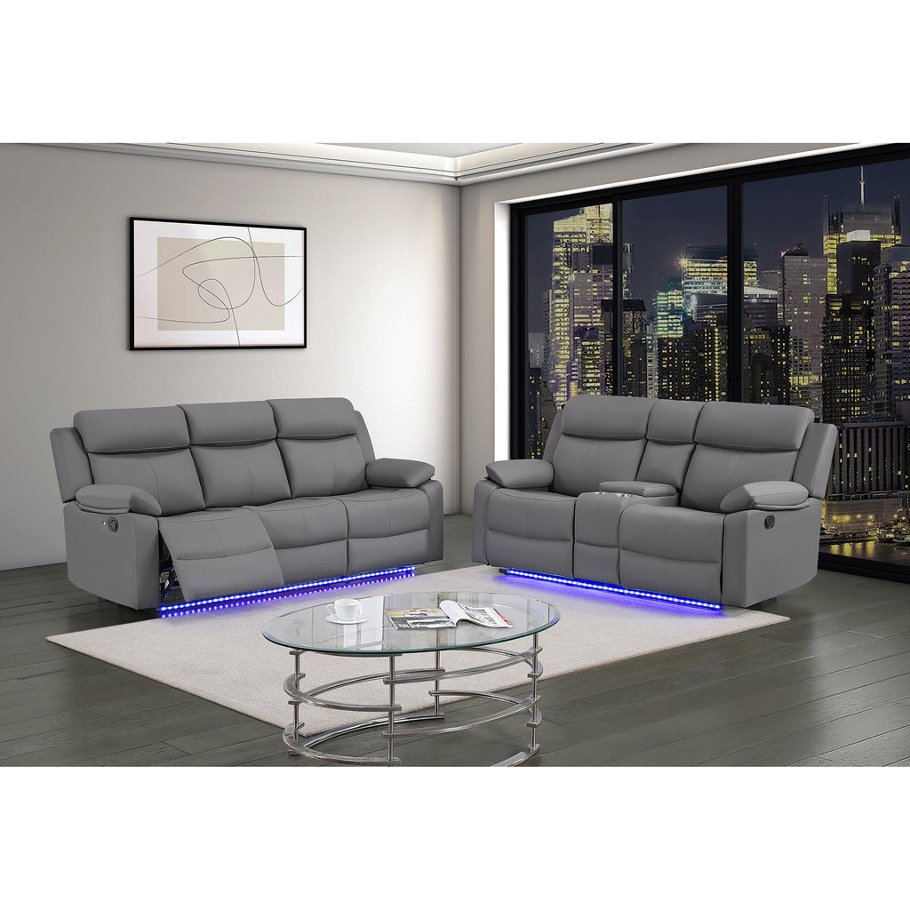 Blanche Grey 2PC Reclining Sofa and Loveseat with LED Lights and Speakers in Grey Upholstered Fabric, Medium Firm Seating, Includes Console Storage and Integrated Speakers - Grand Goldman Shop