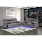 Blanche Grey 2PC Reclining Sofa and Loveseat with LED Lights and Speakers in Grey Upholstered Fabric, Medium Firm Seating, Includes Console Storage and Integrated Speakers - Grand Goldman Shop