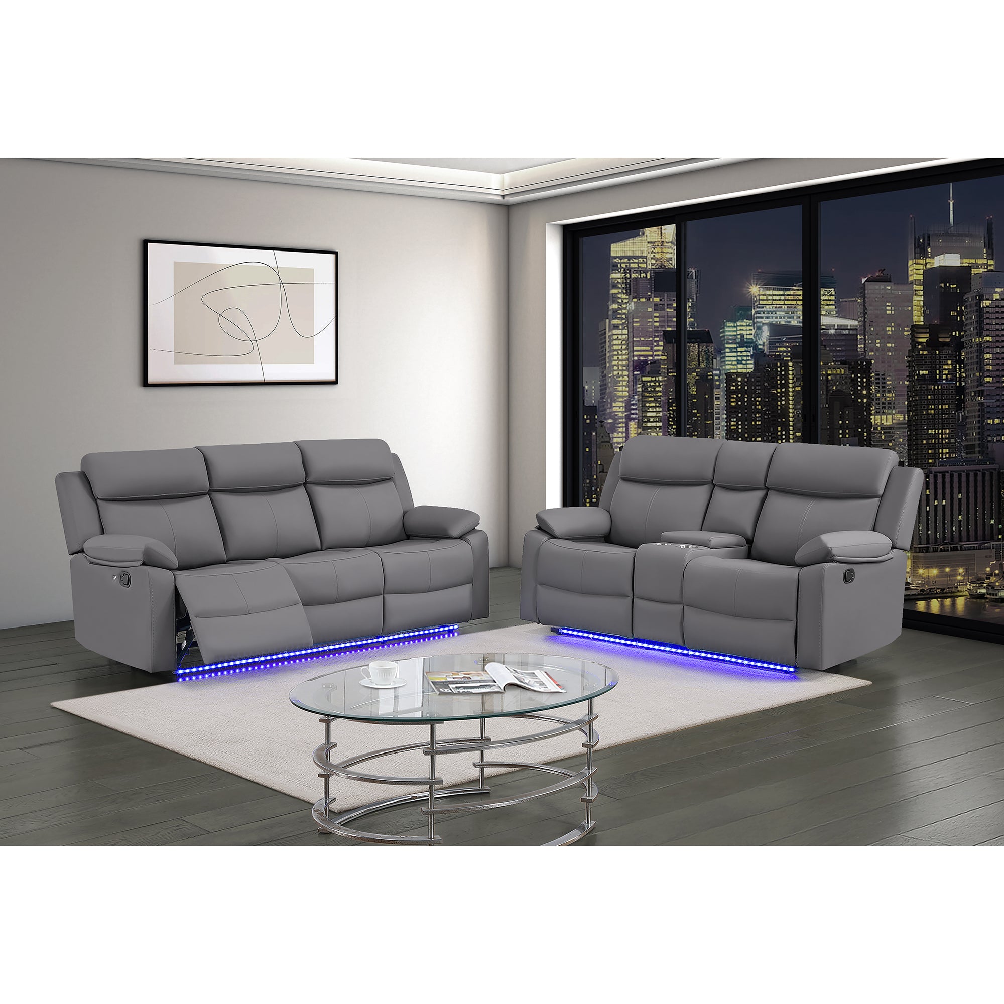 Blanche Grey 2PC Reclining Sofa and Loveseat with LED Lights and Speakers in Grey Upholstered Fabric, Medium Firm Seating, Includes Console Storage and Integrated Speakers - Grand Goldman Shop