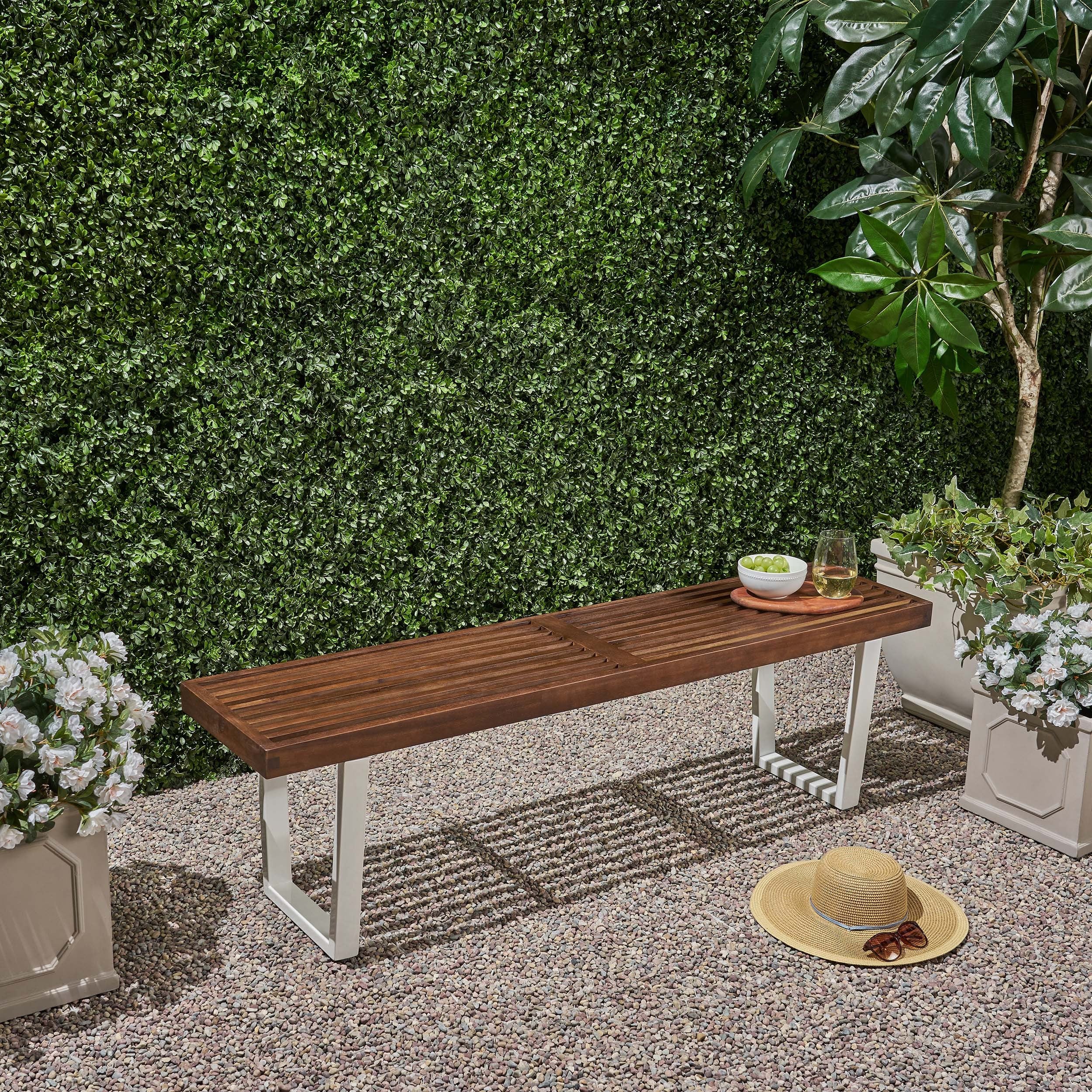 Intrinsic Outdoor Dining Bench with Iron Legs and Slat Top, Dark Brown and White - Grand Goldman Shop