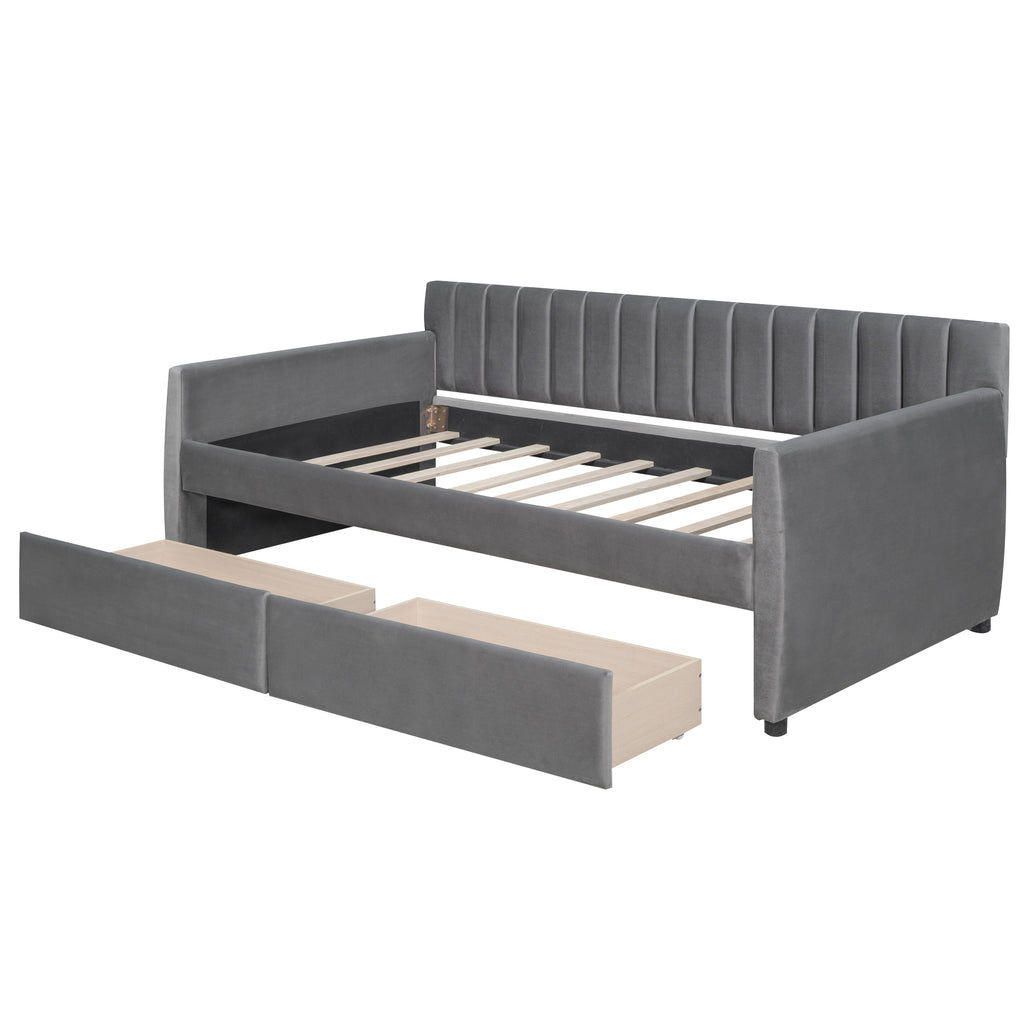 Twin Size Upholstered daybed with Drawers, Wood Slat Support, Gray - Grand Goldman Shop