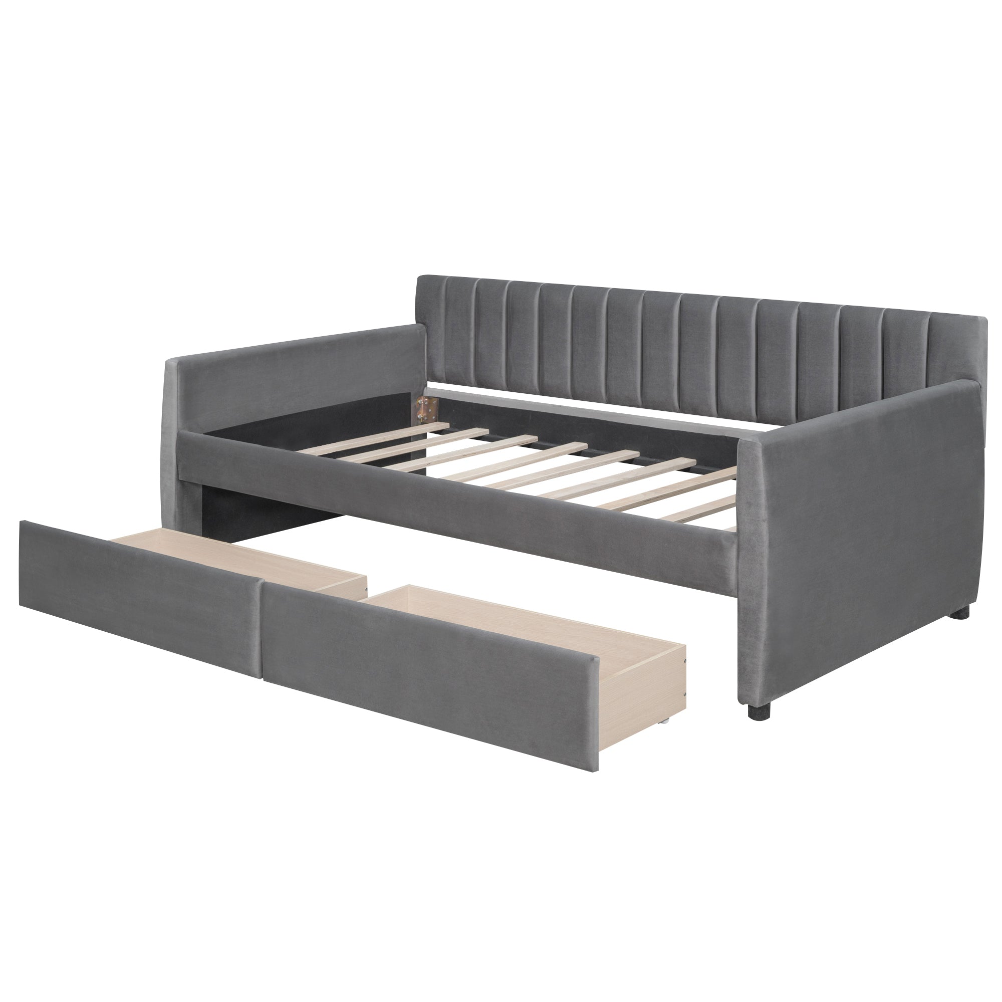 Twin Size Upholstered daybed with Drawers, Wood Slat Support, Gray - Grand Goldman Shop