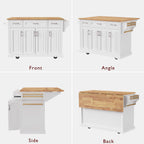 K&K 54inch Large Kitchen Island with Rubber Wood Drop Leaf, Embossed Texture Rolling Kitchen Cart on 4 Wheels with 4 Doors and 3 Drawers, Kitchen Island with Storage for Kitchen, Dining Room,White - Grand Goldman Shop