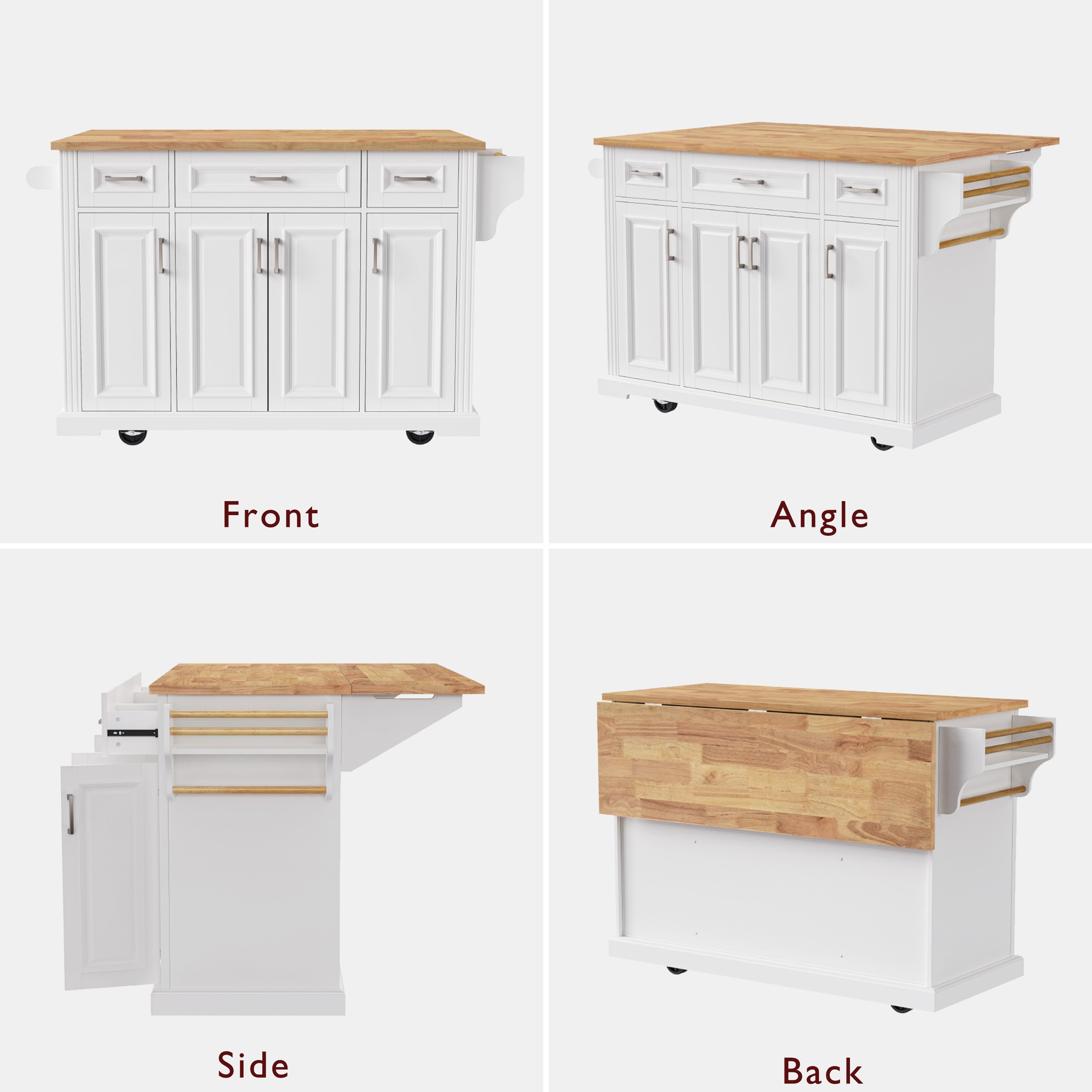 K&K 54inch Large Kitchen Island with Rubber Wood Drop Leaf, Embossed Texture Rolling Kitchen Cart on 4 Wheels with 4 Doors and 3 Drawers, Kitchen Island with Storage for Kitchen, Dining Room,White - Grand Goldman Shop