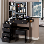 37' Middle Size Left Bedside Cabinet Vanity Table + Cushioned Stool Dresser Set, 2 AC+2 USB Socket, Hair Dryer Stand, Large Touch Control LED Sliding Mirror, 3-color Switch, EPA, GCC, UL Certificate - Grand Goldman Shop