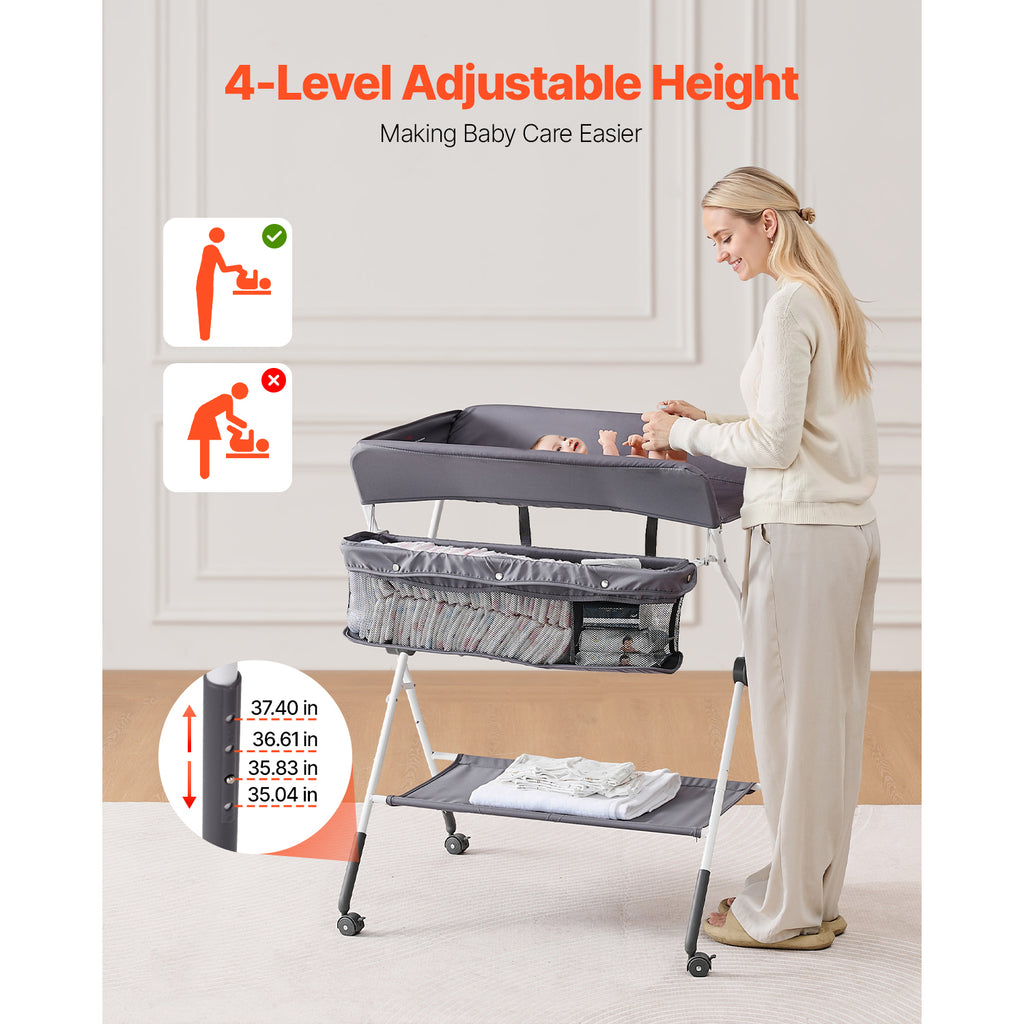 Foldable Baby Changing Diaper Station with Side Basket & Wheels Dark Gray | Premium Home Decor - Grand Goldman