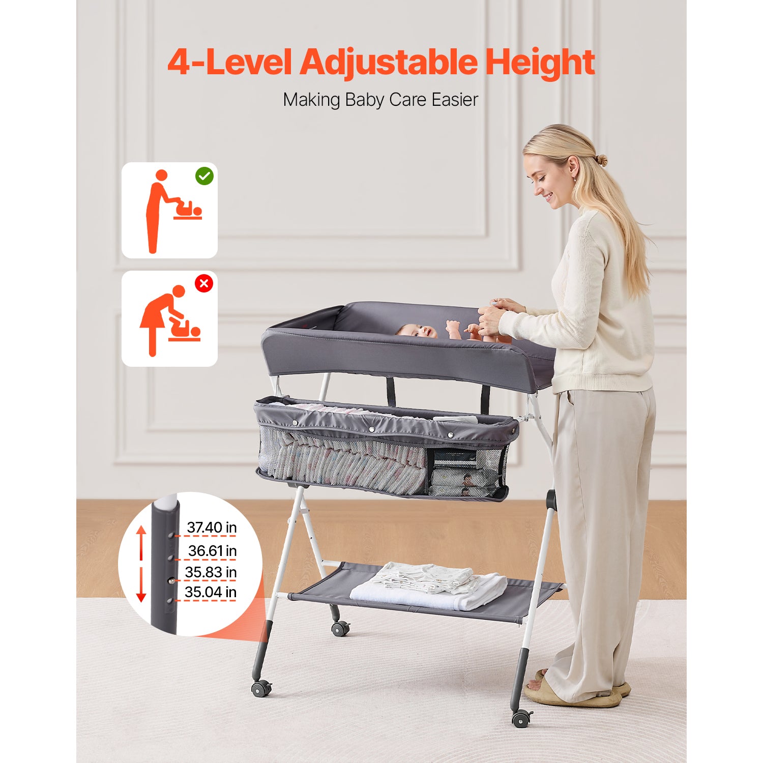 Foldable Baby Changing Diaper Station with Side Basket & Wheels Dark Gray | Premium Home Decor - Grand Goldman