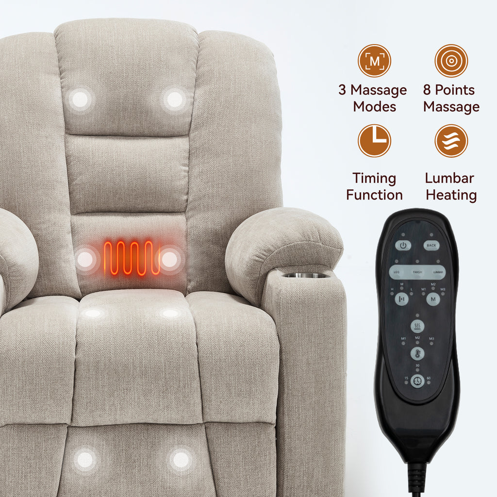 Power Lift Recliner Chair with Massage and Heat for Elderly, Overstuffed Wide Recliners, Heavy Duty Motion Mechanism with USB and Type C Ports, 2 Steel Cup Holders, Beige - Grand Goldman Shop