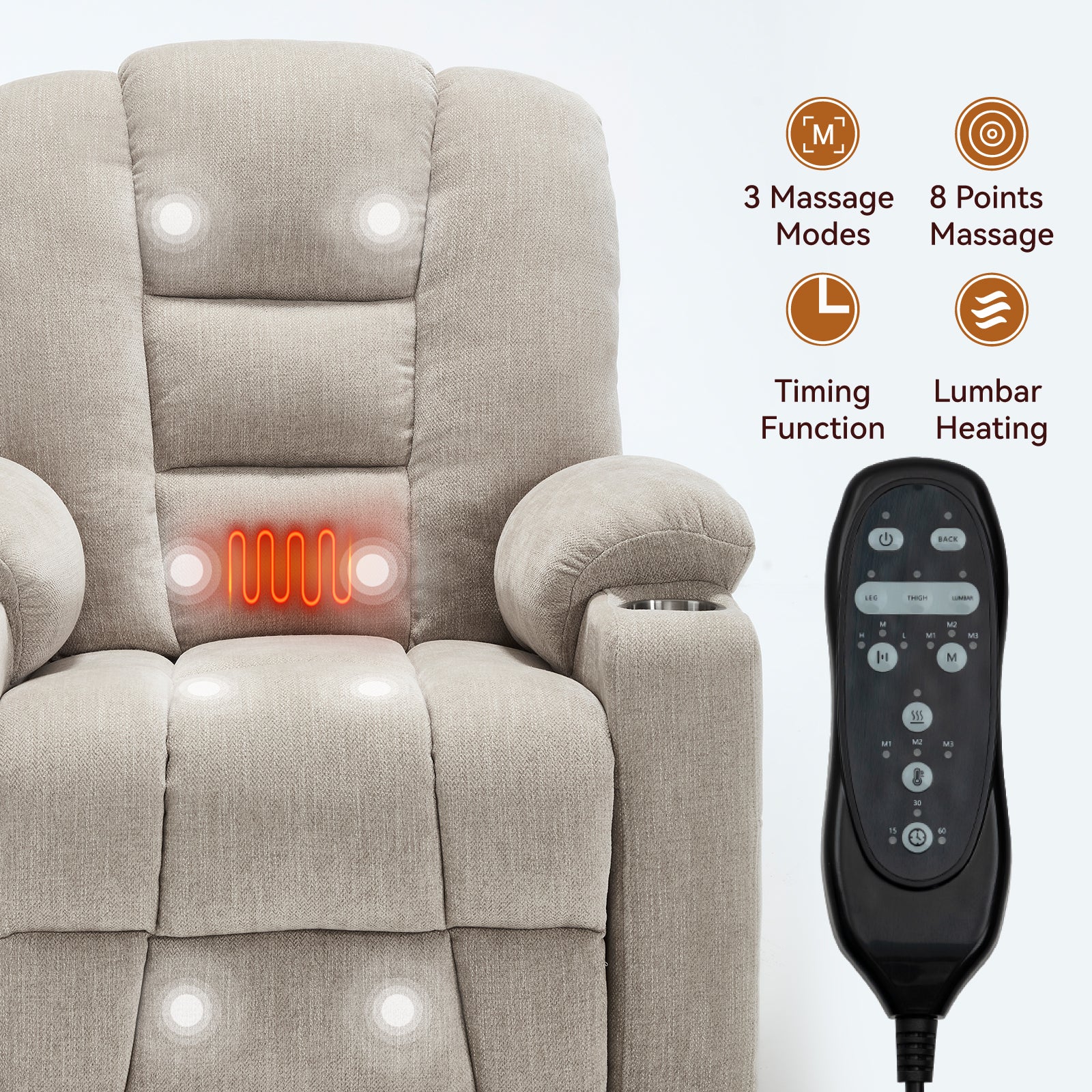 Power Lift Recliner Chair with Massage and Heat for Elderly, Overstuffed Wide Recliners, Heavy Duty Motion Mechanism with USB and Type C Ports, 2 Steel Cup Holders, Beige - Grand Goldman Shop