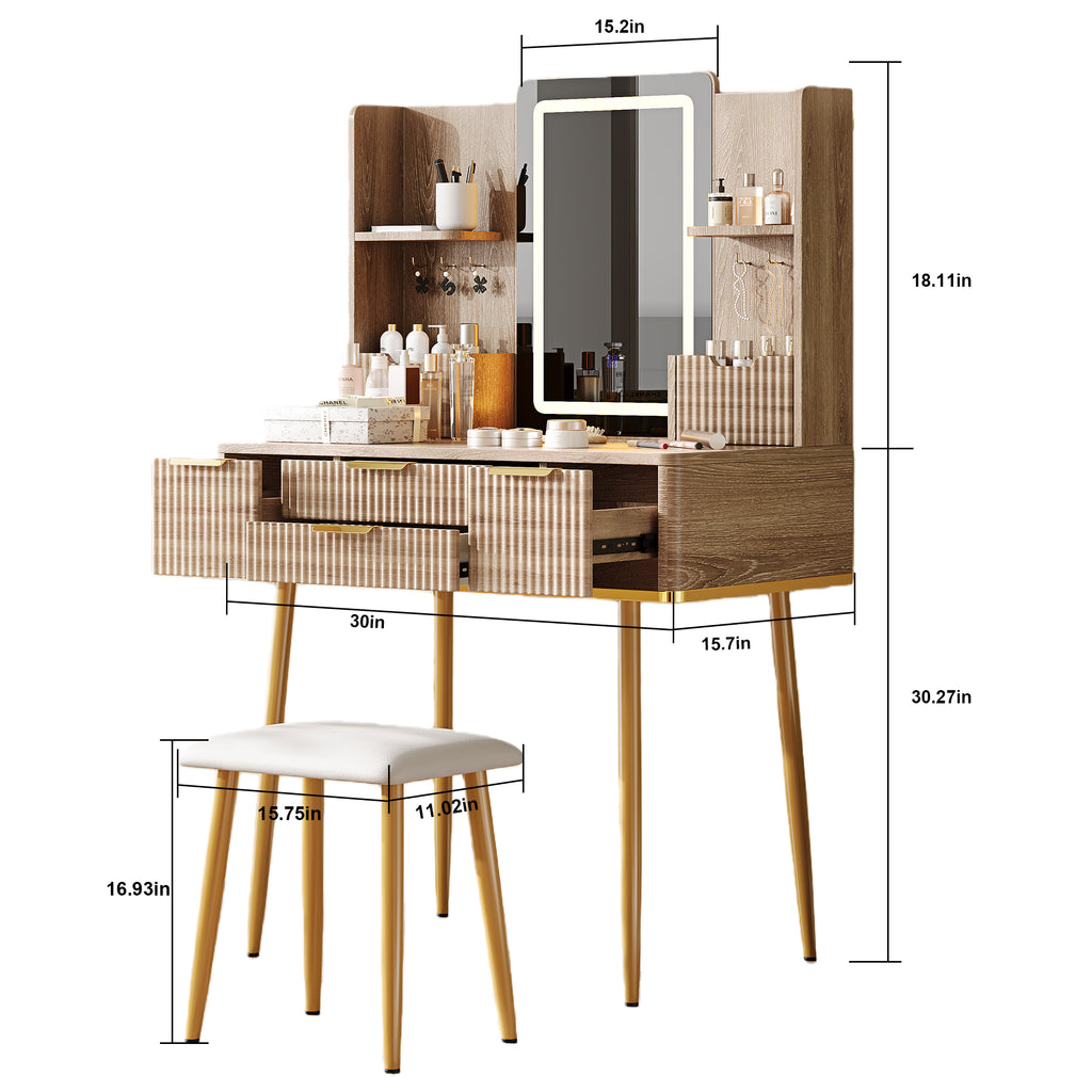 4-Drawer Vanity Desk with LED Mirror & Carved Details, Fluted Makeup Table with Metal Legs and PU Stool, Carved Dressing Table with Jewelry Storage for Bedroom - Grand Goldman Shop