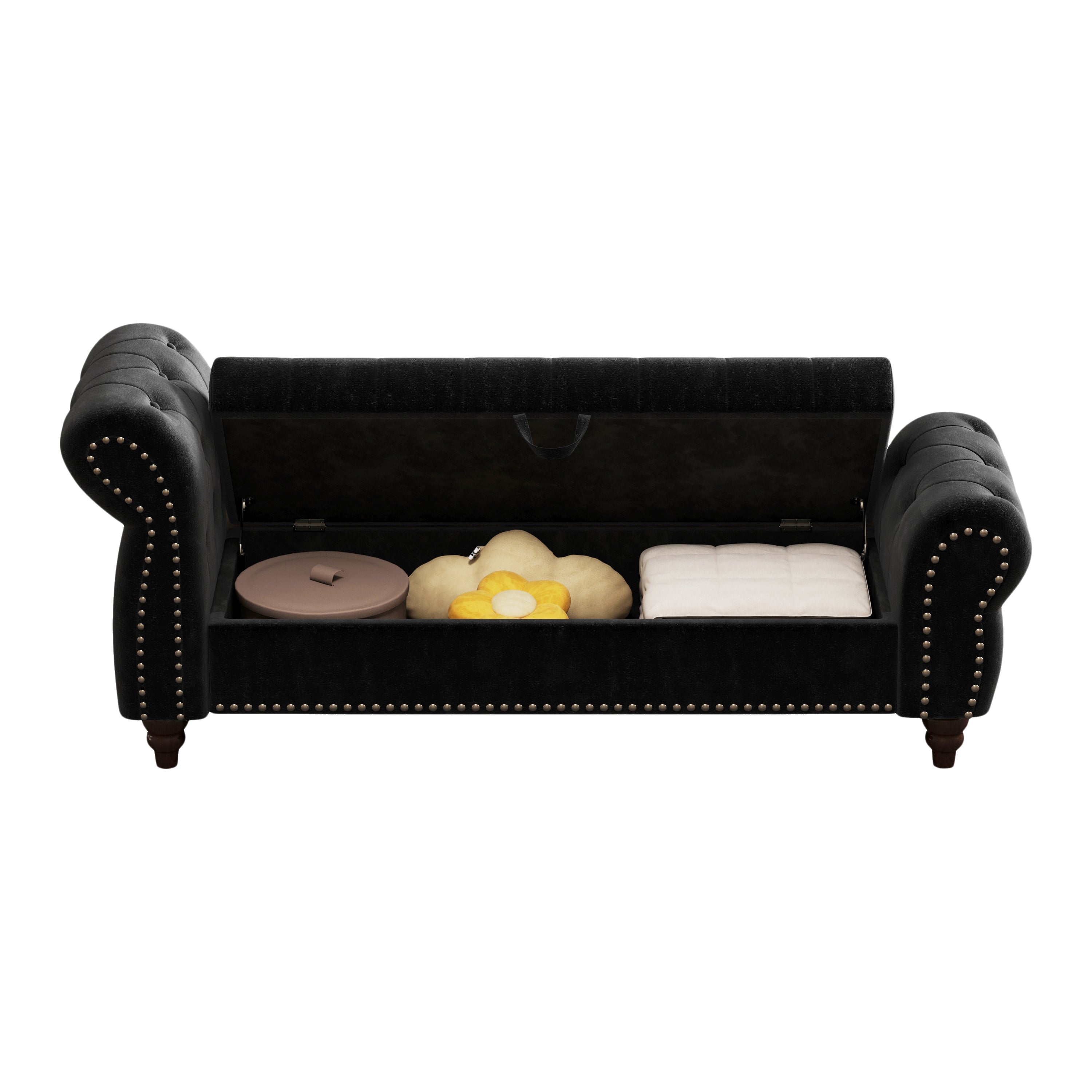 64.5' Bed Bench for Bed Room Nails Tufted Chaise of Lounge with Storage Velvet Upholstery Black - Grand Goldman Shop
