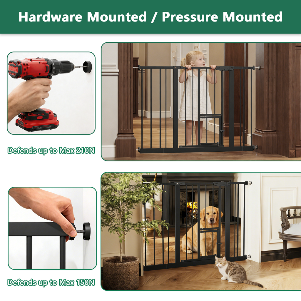 Baby Gate with Cat Door, 29.5-44.1' Metal Pet Door for Stairs & Doorways,Pressure Mounted,No Tools Needed, Black - Grand Gold