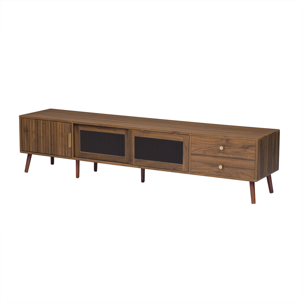 76' Modern Minimal Glass-Doors TV Stand for TVs up to 85 Inches, Wood-Grain Entertainment Center with Storage Cabinets, TV Media Console Table for Living Room, Bedroom - Grand Goldman Shop