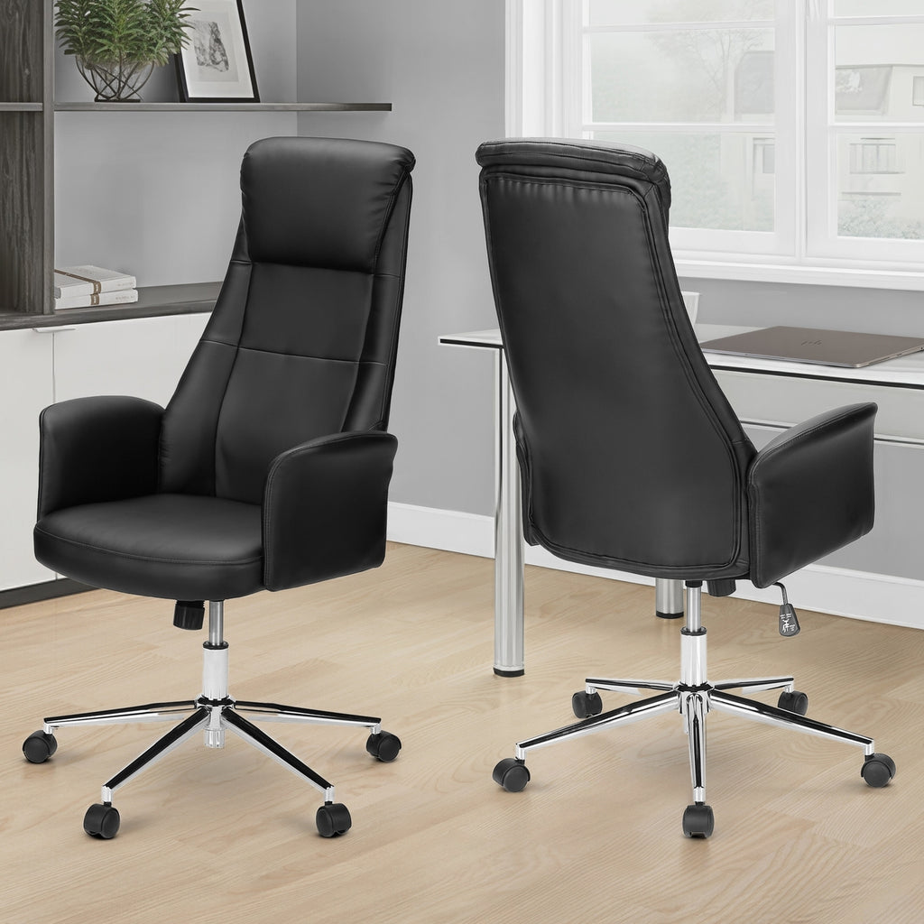 Contemporary Office Chair with Adjustable Height, Ergonomic Design, Black Leather-Look Upholstery, Chrome Metal Base, Modern 