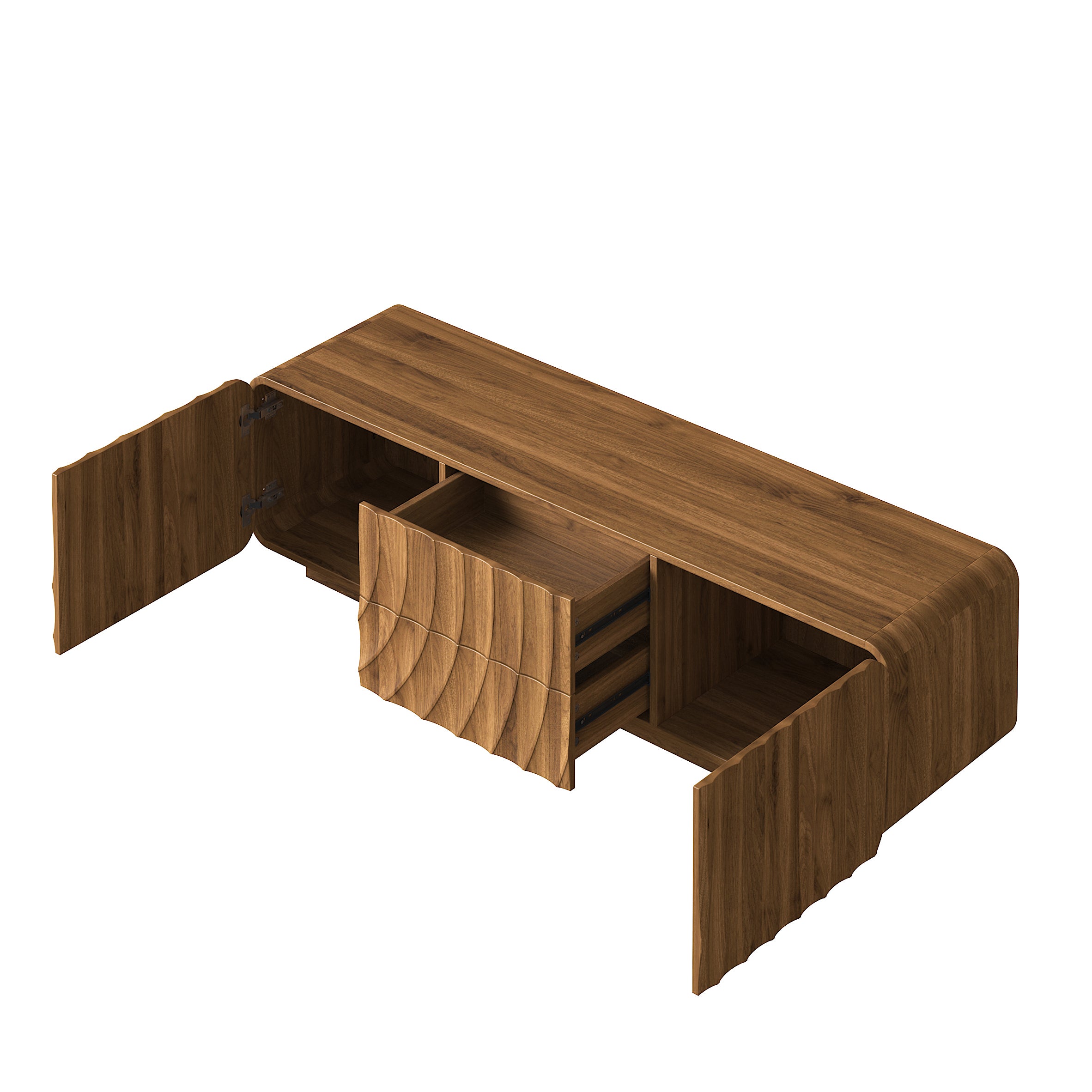 58''Tv Console With Mid Century Unique Spiral Wave Design With Storage Cabinet And 2 Drawers Tv Stand For Living Room, Bedroom, Walnut - Grand Goldman Shop