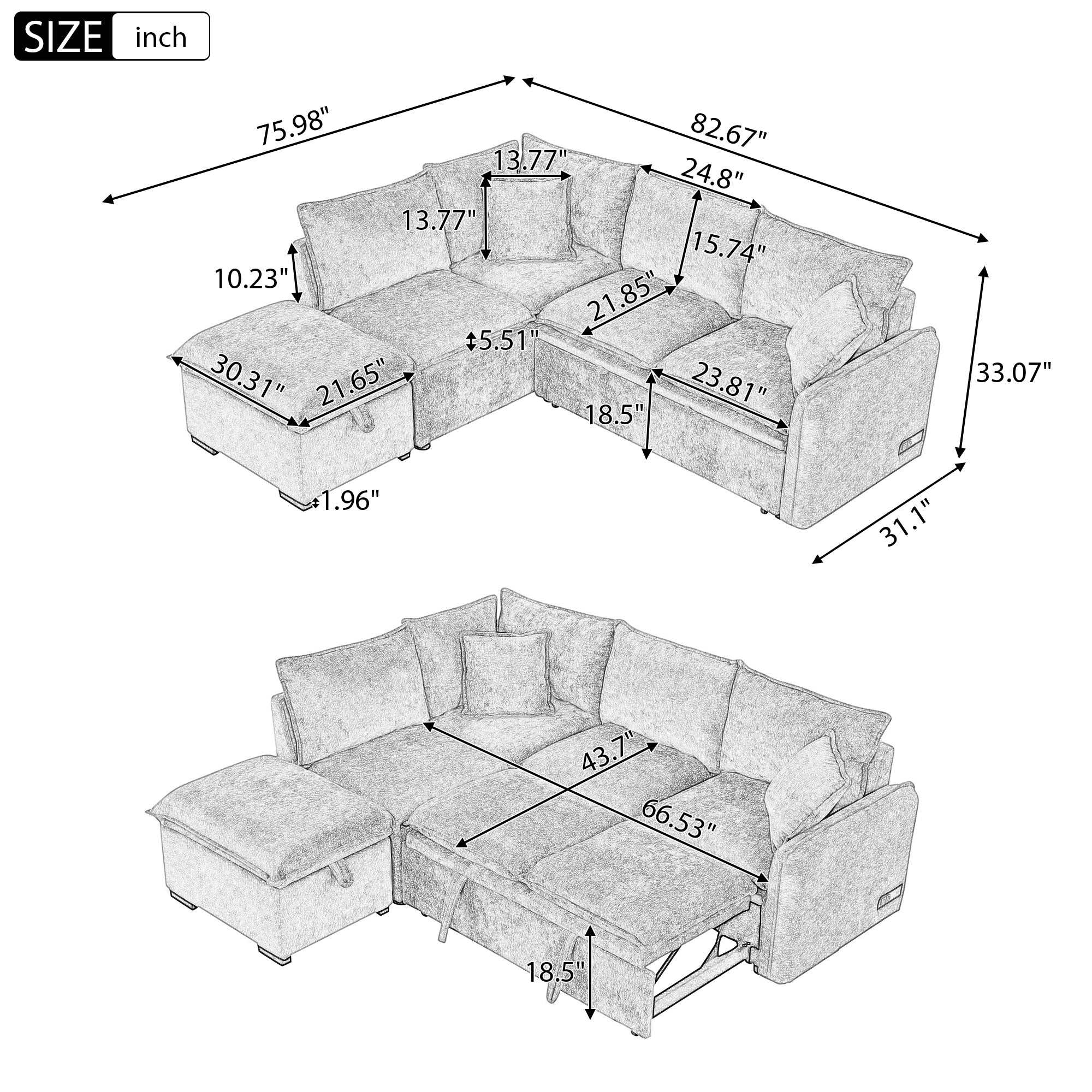 Convertible L-shaped Sofa Bed with Storage Ottoman, Power Sockets & USB Ports, Orange Chenille, 82.67' - Grand Goldman Shop