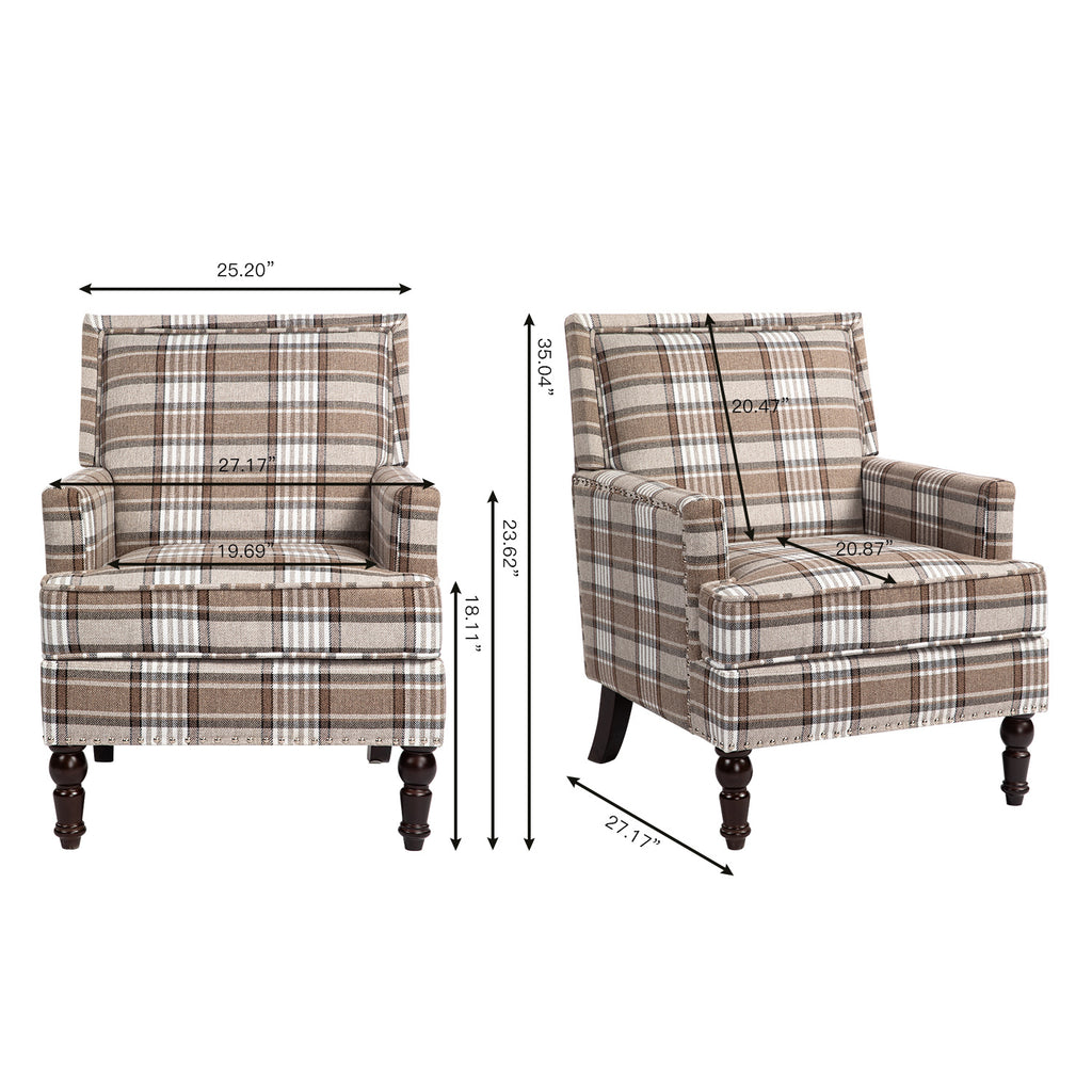 Upholstered Accent Chair, Vintage Armchair with Brown Linen Fabric and Nailhead Trim for Living Room - Grand Goldman Shop
