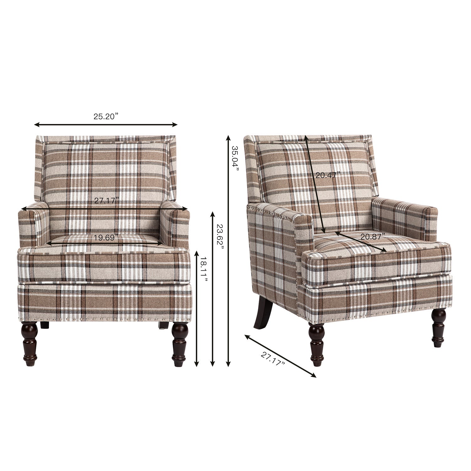 Upholstered Accent Chair, Vintage Armchair with Brown Linen Fabric and Nailhead Trim for Living Room - Grand Goldman Shop