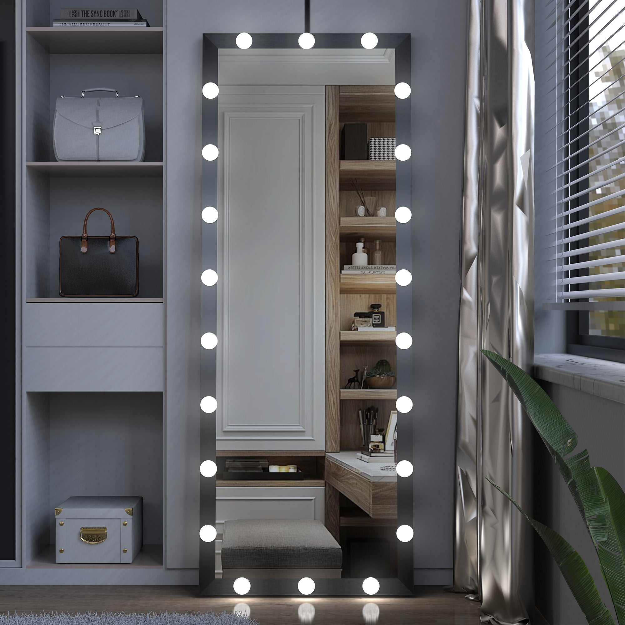 Hollywood Full Length Mirror with Lights Full Body Vanity Mirror with 3 Color Modes Lighted Standing Floor Mirror for Dressing Room Bedroom Wall Mounted Touch Control Black 63x24inch - Grand Goldman Shop